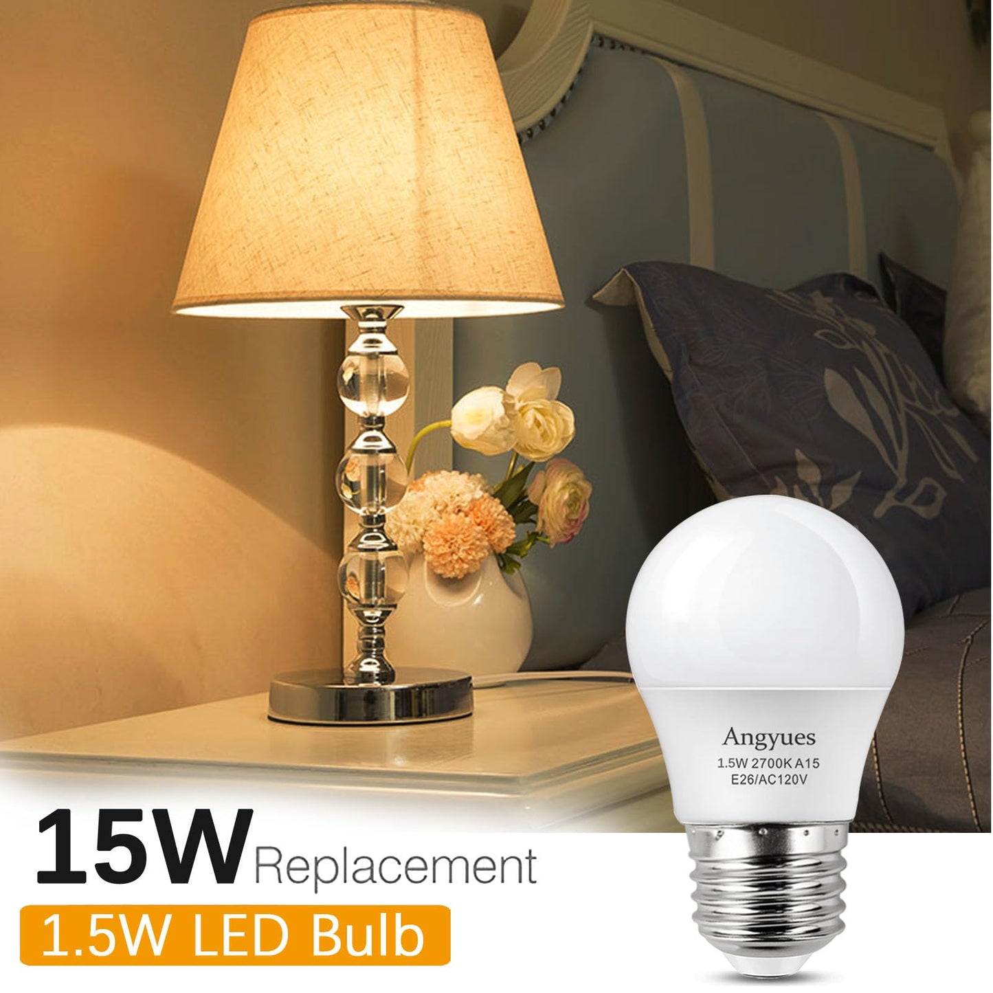 Angyues Low wattage Light Bulbs 1.5W LED Bulb Equivalent 15W20W Light Bulbs, 120v A15 Warm White 2700K Energy Saving Home Light Bulb E26 Base Ceiling