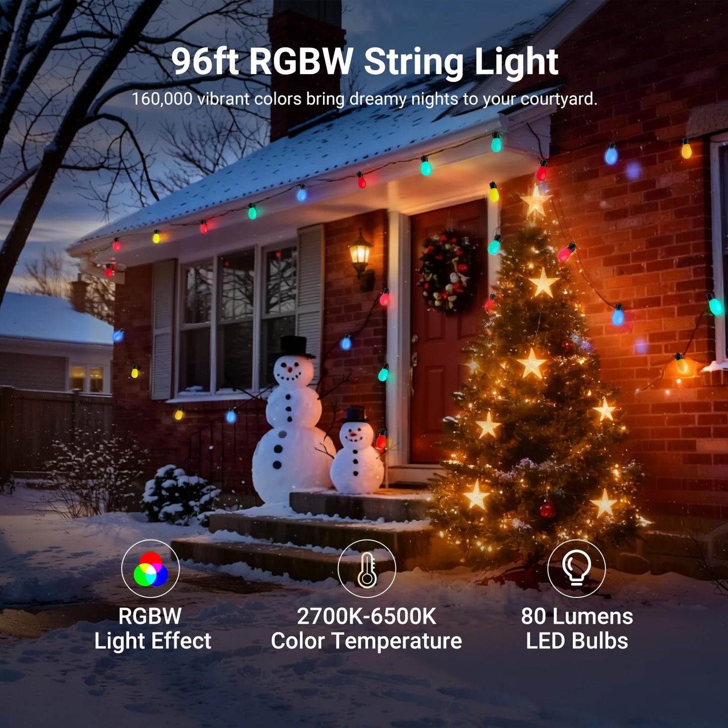 NEEWER 96ft Outdoor String Lights, App Control Smart AI RGBW Hanging Outside Warm White Patio Balcony Backyard Lighting, IP65 Waterproof, 30 LED