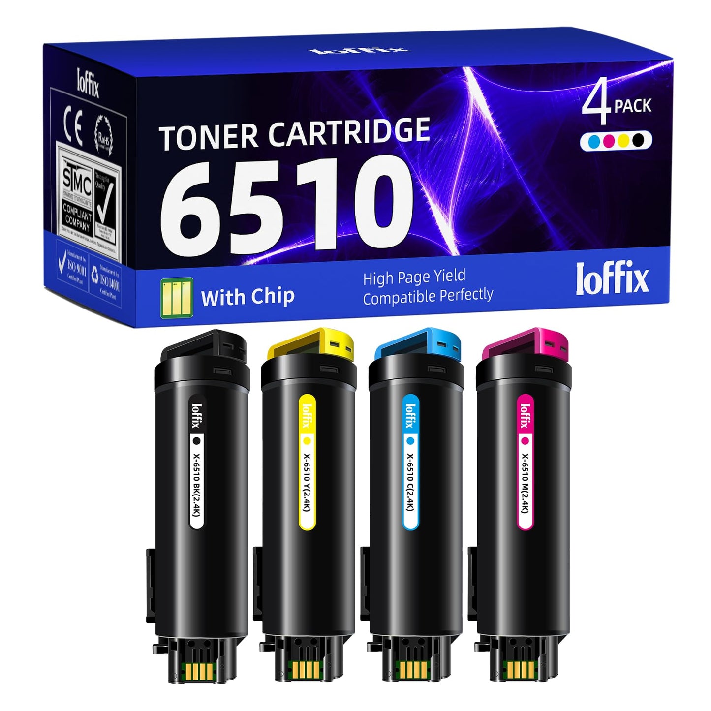 Ioffix 6510 Compatible Toner Cartridge 6510 6515 106R03477 106R03478 106R03479 106R03480 Compatible with Xerox Phaser 6510, WorkCentre 6515 High Yield
