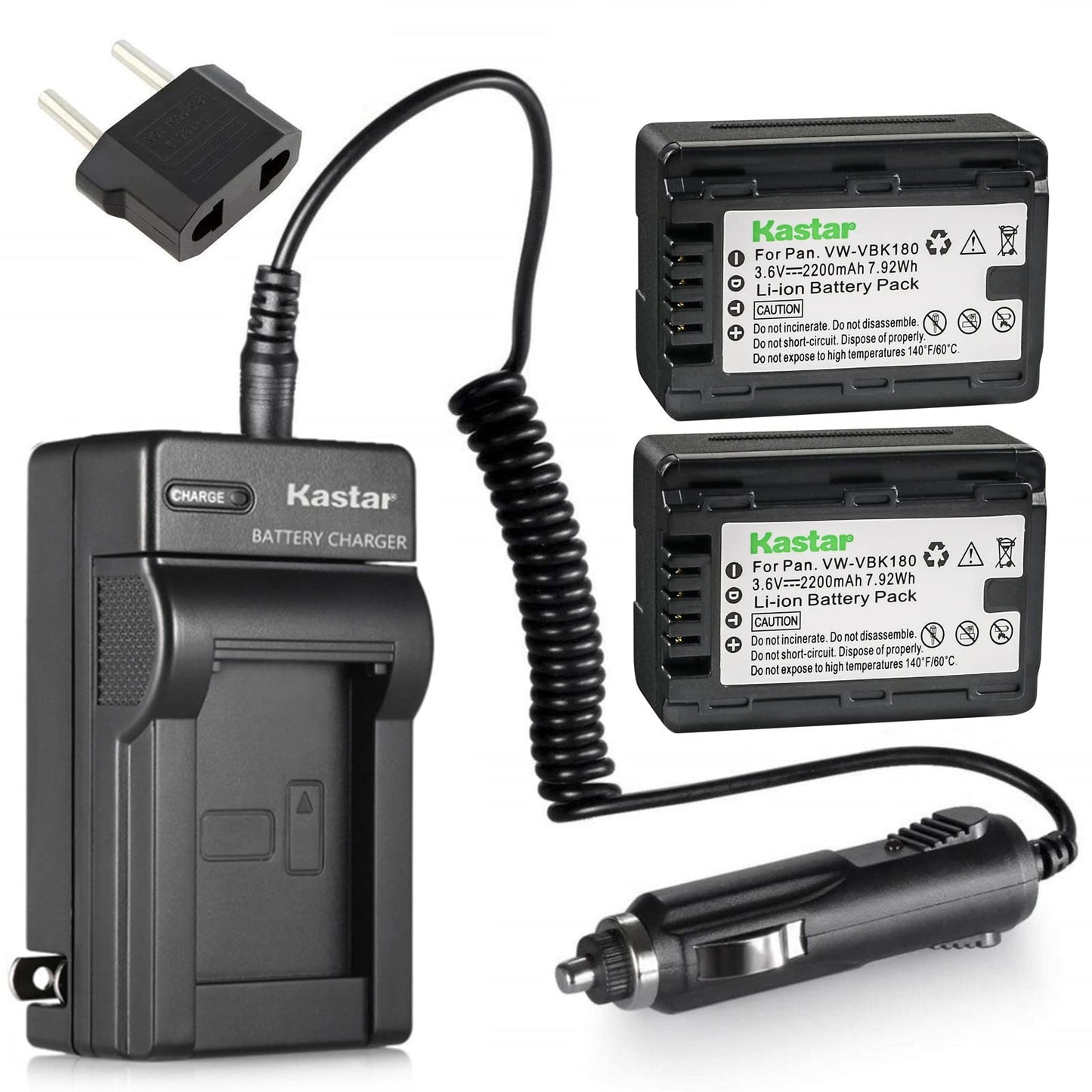 Kastar Battery 2X and Charger Replacement for Panasonic VW-VBK180 and HC-V10 HC-V100 HC-V700 HDC-HS60 HDC-SD40 HDC-SD60 HDC-SD80 SDR-T50K SDR-T55