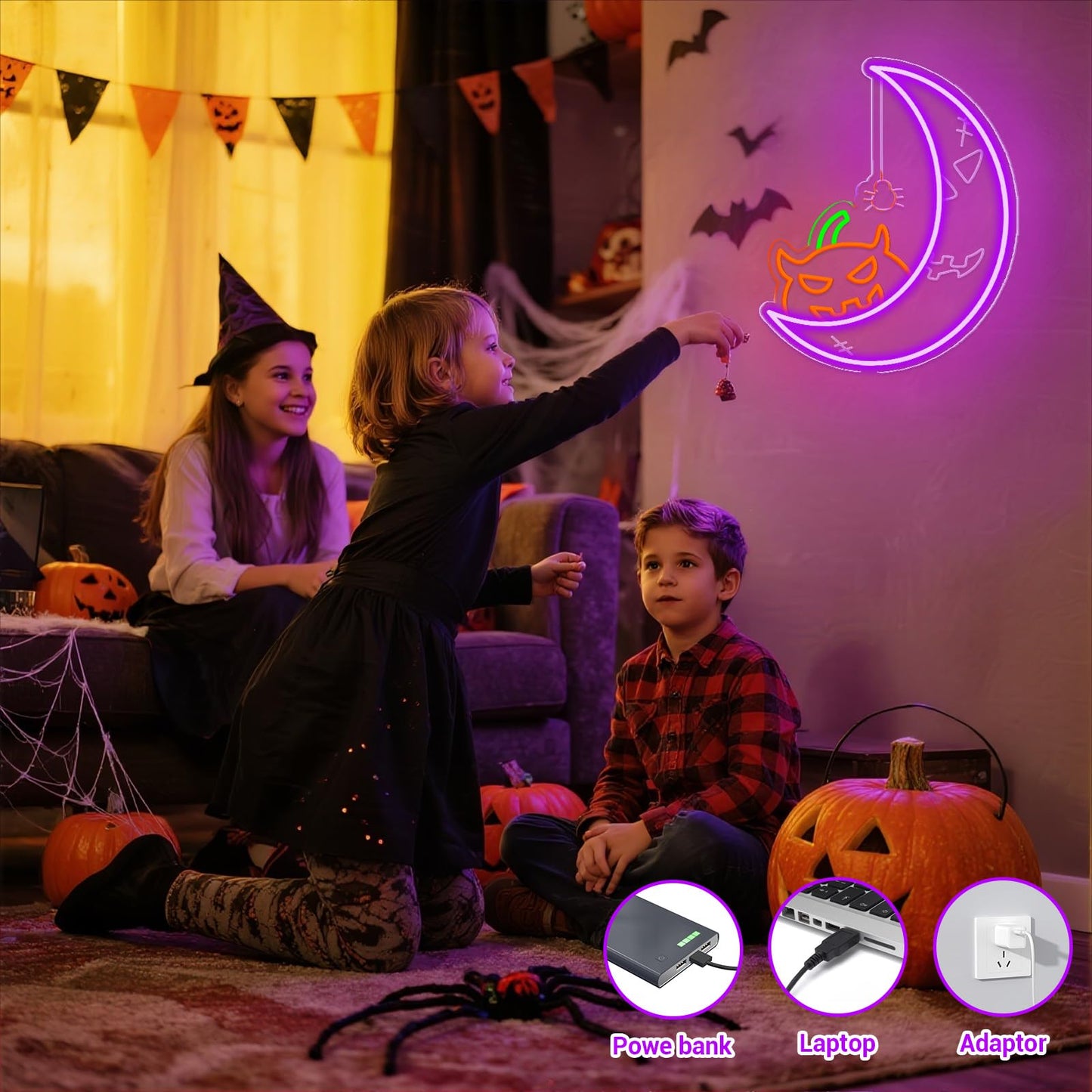 Halloween Pumpkin Moon Window Lights Decorations Indoor, Pumpkin&Moon Themed Neon Sign Decor LED Neon Lights for Wall Decor, Decorating Windows