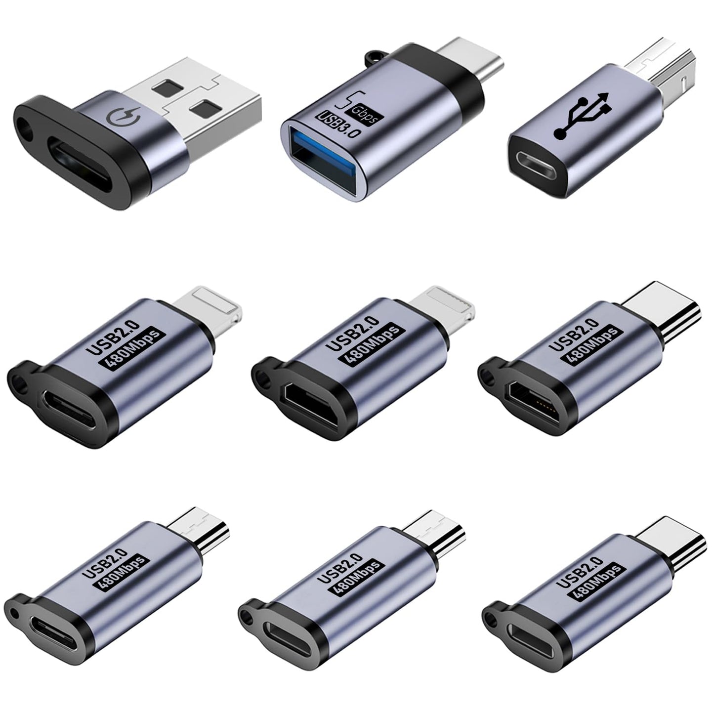 Liaoan USB C to Micro Adapter, IP to USB C, and Type-C to USB A Adapter, (9 Pieces),Supports Fast Charging up and Supports a Data Transfer 。