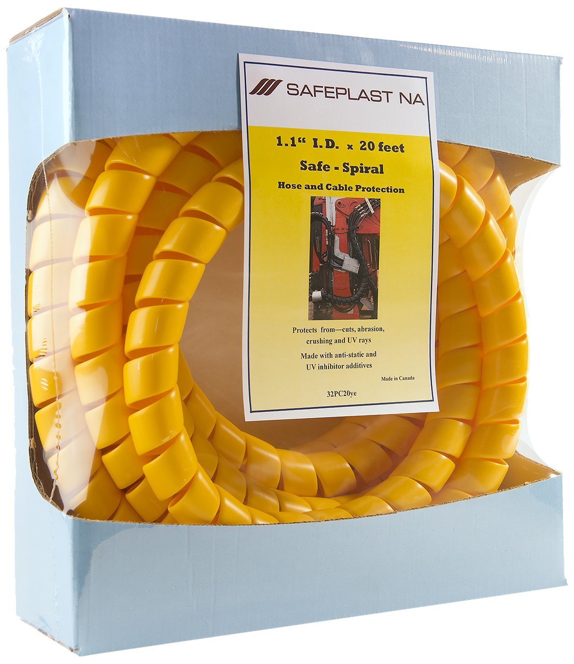 Caplugs SPPC Series - Safeplast Safe-Spiral Pre-Cut Spiral Wrap, Hose & Cable Protector, Yellow HD-PE, 1.25" OD x 20' Pre-Cut Length, Hydraulic