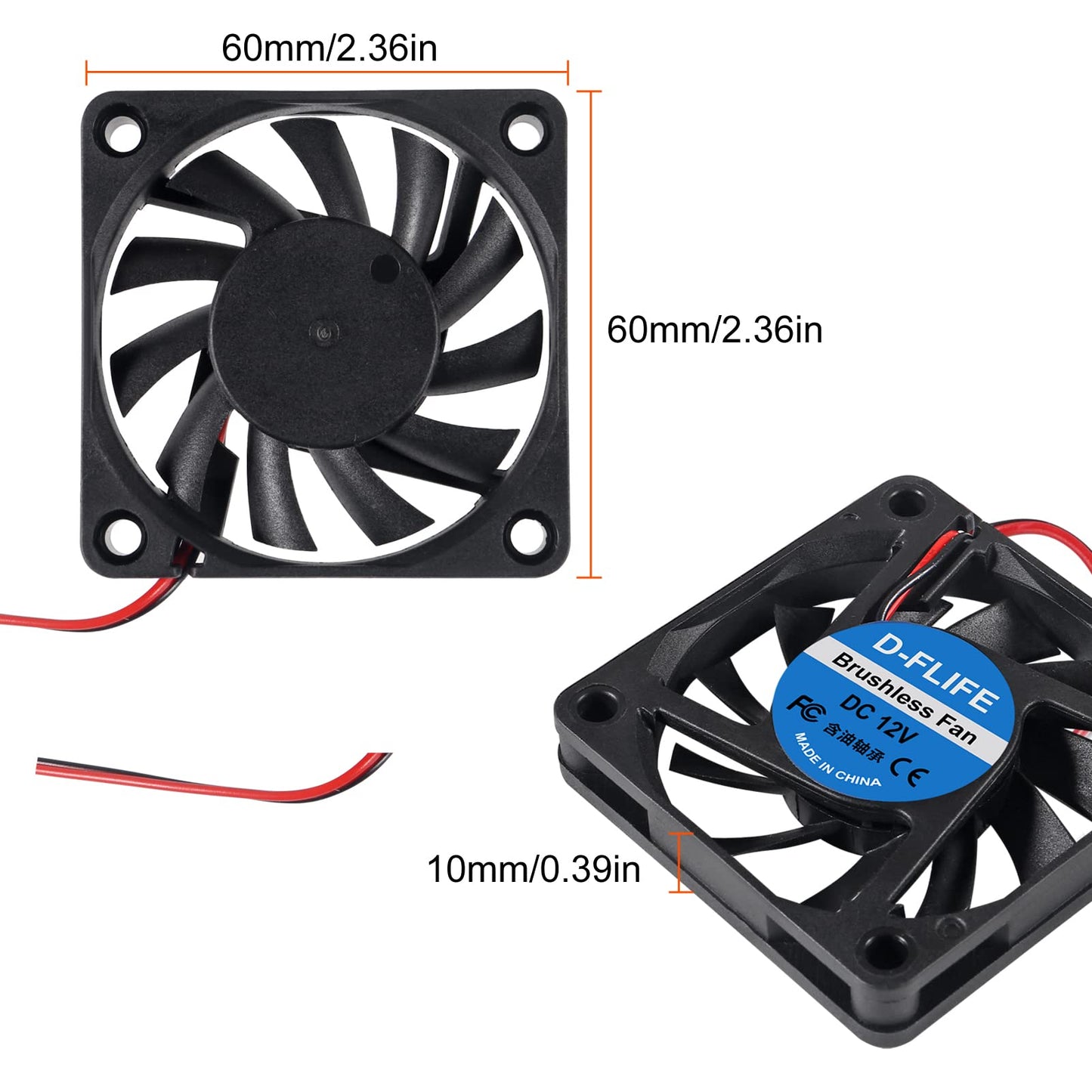 D-FLIFE 4pcs 60mm x 60mm x 10mm 6010 12V Brushless DC Cooling Fan 2pin for DIY 3D Printer Extruder Humidifier (12V)