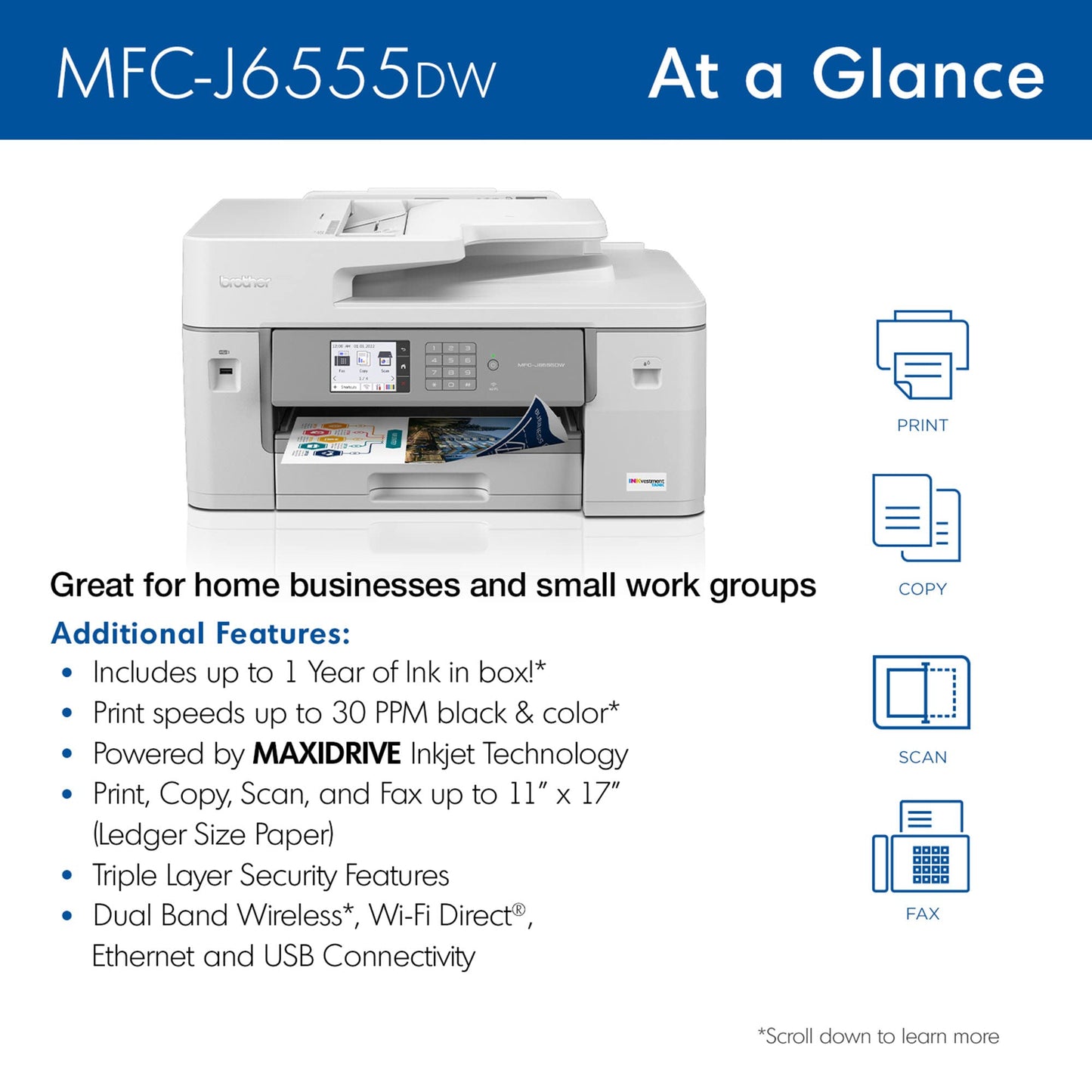 Brother MFC-J6555DW INKvestment Tank Color Inkjet All-in-One Printer with up to 1 Year of Ink in-box1 and 11” x 17” Print, Copy, scan, and fax