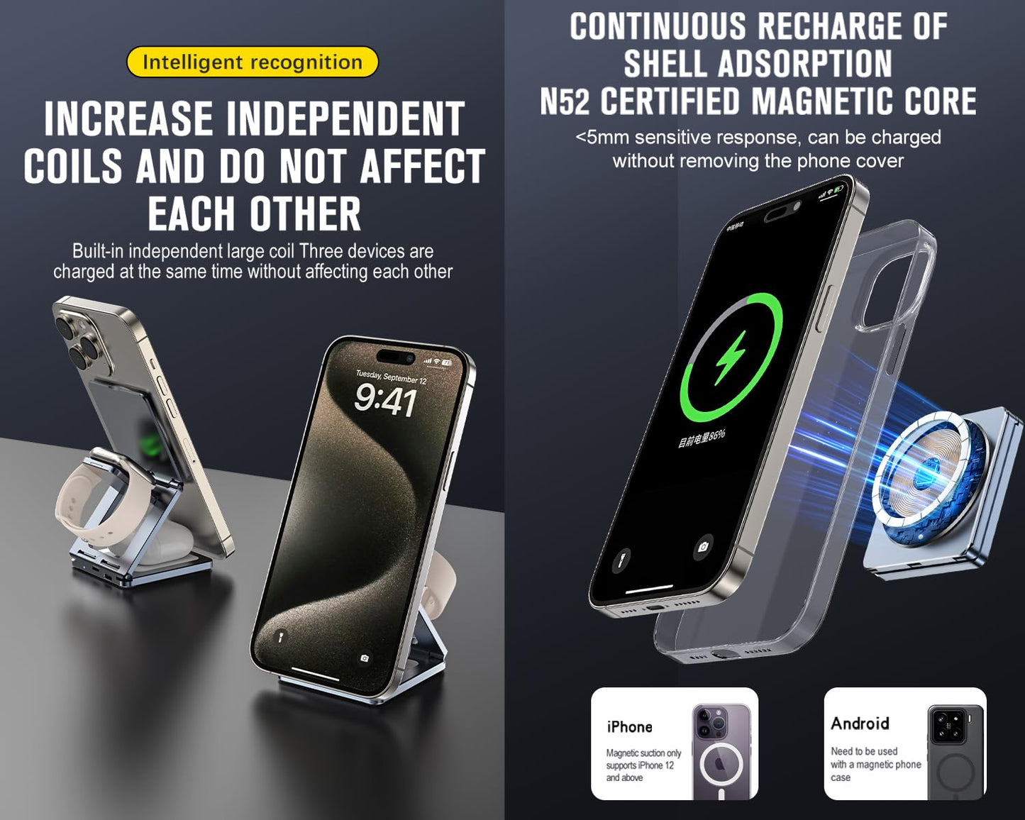 LFGKMZ 3 in 1 Wireless Charger Station,Aluminum Alloy Foldable Travel for iPhone Wireless Charger Fast 15W Charging,Mag Safe Charger Stand