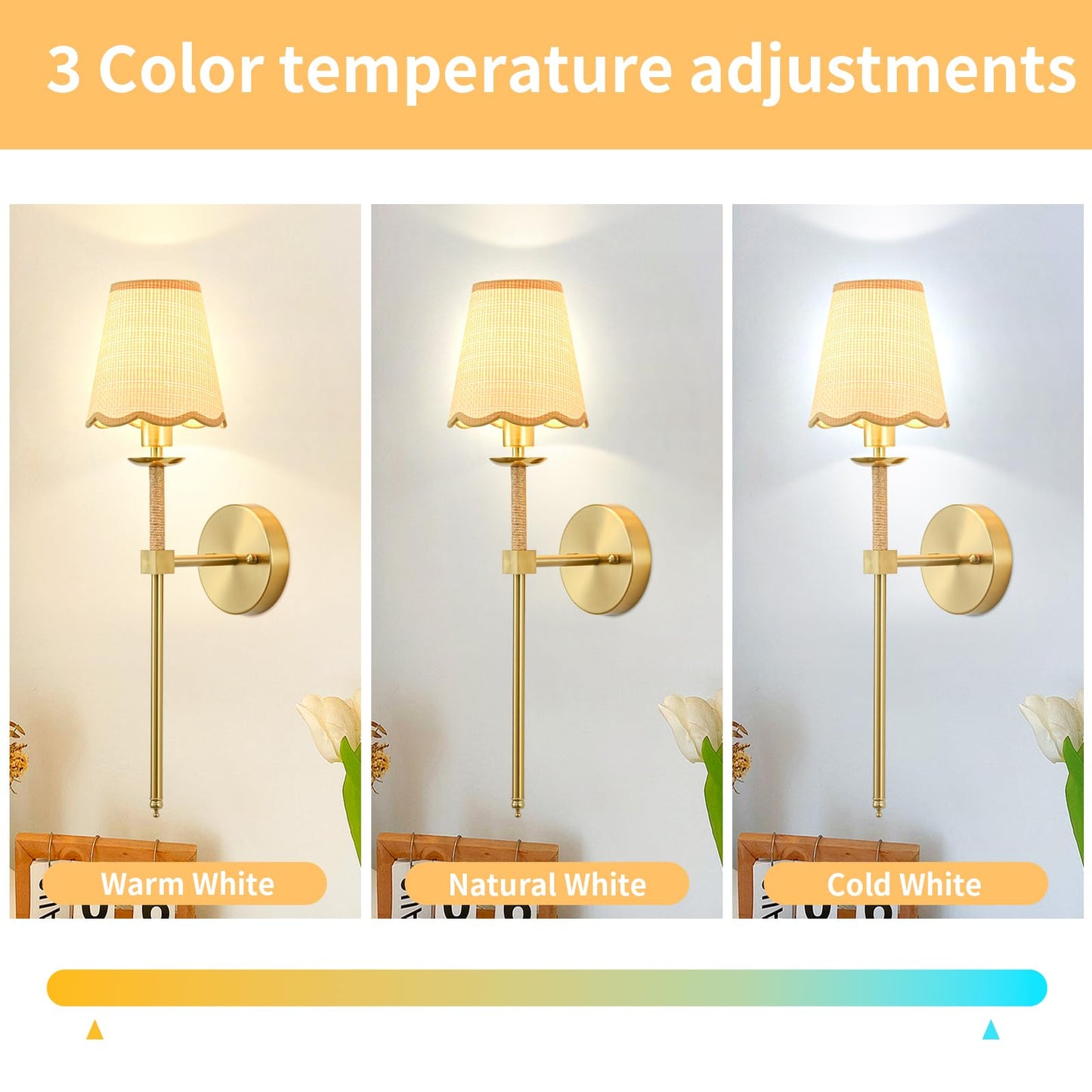 KernLite Boho Battery Operated Wall Sconce Set of 2, Gold Wireless Rechargeable Wall Lights with Rattan Shade, 12 RGB and 3CCT Dimmable Cordless Wall