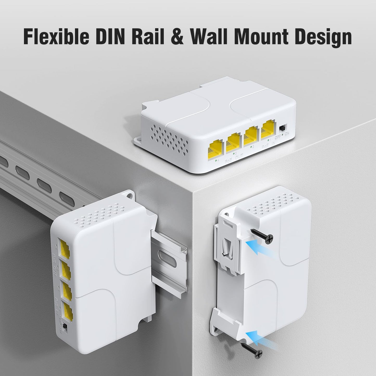 Gigabit PoE Extender 1 in 3 Out, VunLink 4-Port 1000Mbps PoE Repeater, IEEE 802.3af/at 30W, 100m (328ft) Extension, VLAN, Plug & Play, Wall Mount