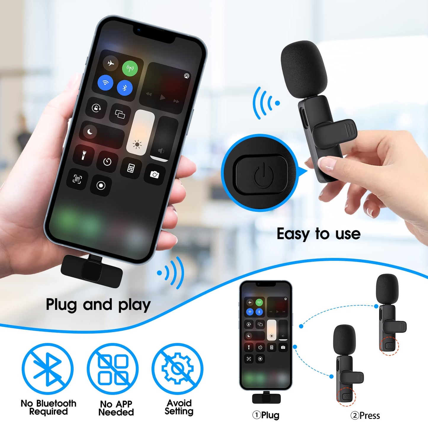 Kdewere 2 Pack Wireless Lavalier Microphone for iPhone iPad, Lapel Mics Plug-Play 2.4G Ultra-Low Delay Built-in Noise Reduction Chip 8H Working Time