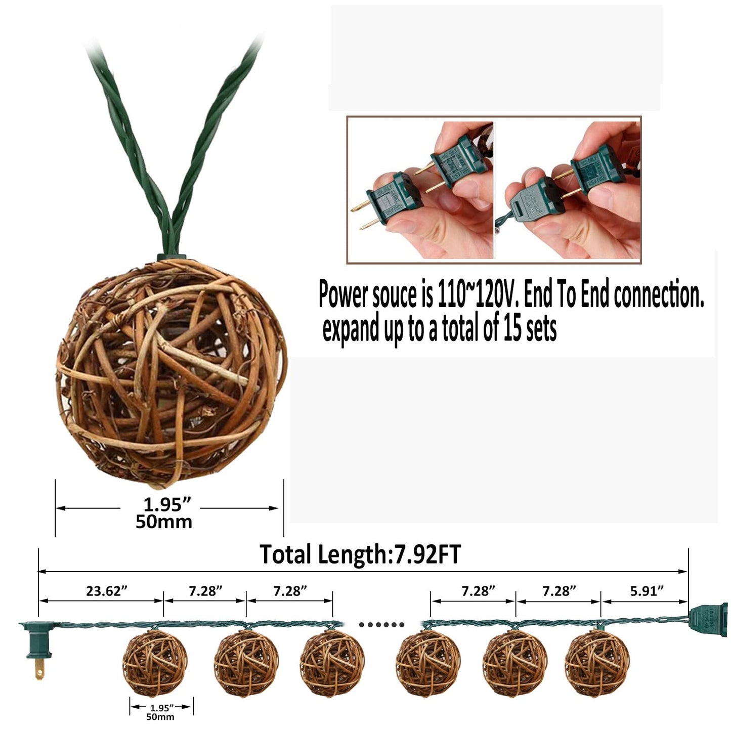 LIDORE Rattan Christmas String Lights, Mini Globe Wicker Lights for Patio, Wedding, Garden and Party, Brown Rattan and Green Cord, 7.92Ft