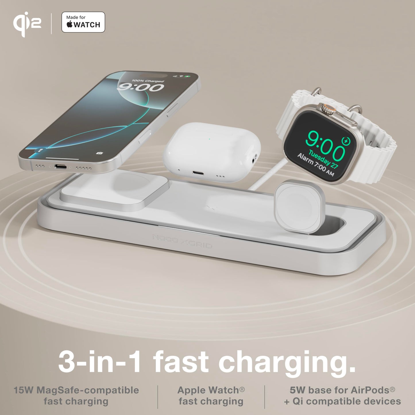 NOCO XGrid XDP3: 3-in-1 Wireless Charging Pad - Charging Station for iPhone, Apple Watch, and AirPods - MagSafe Compatible, Qi2 Certified - Includes