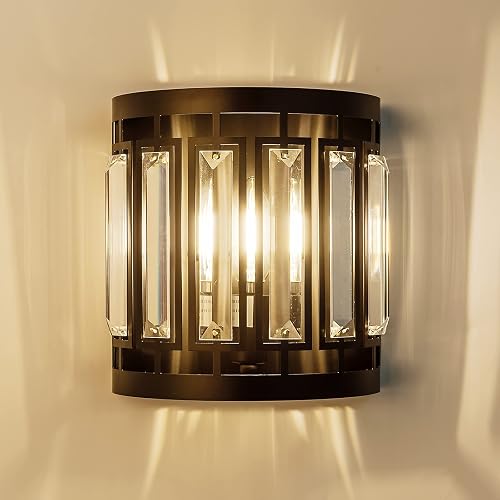 Larootsi Modern Crystal Wall Sconce 1xE26 Black Vanity Wall Lamp K9 Crystal Wall Light Fixture for Hallway Doorway Bedroom Living Room Lighting