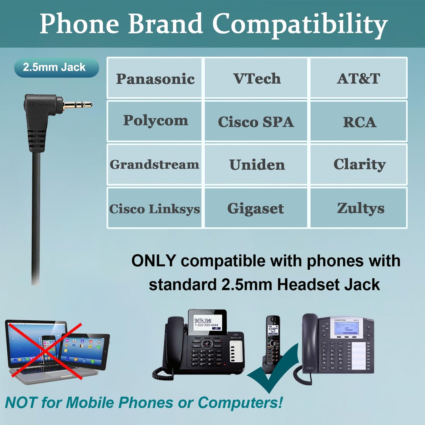 Phone Headset with Microphone Noise Cancelling & Volume Controls, 2.5mm Office Telephone Headphone for VTech Panasonic KX-TGE633M TGF352N Cisco
