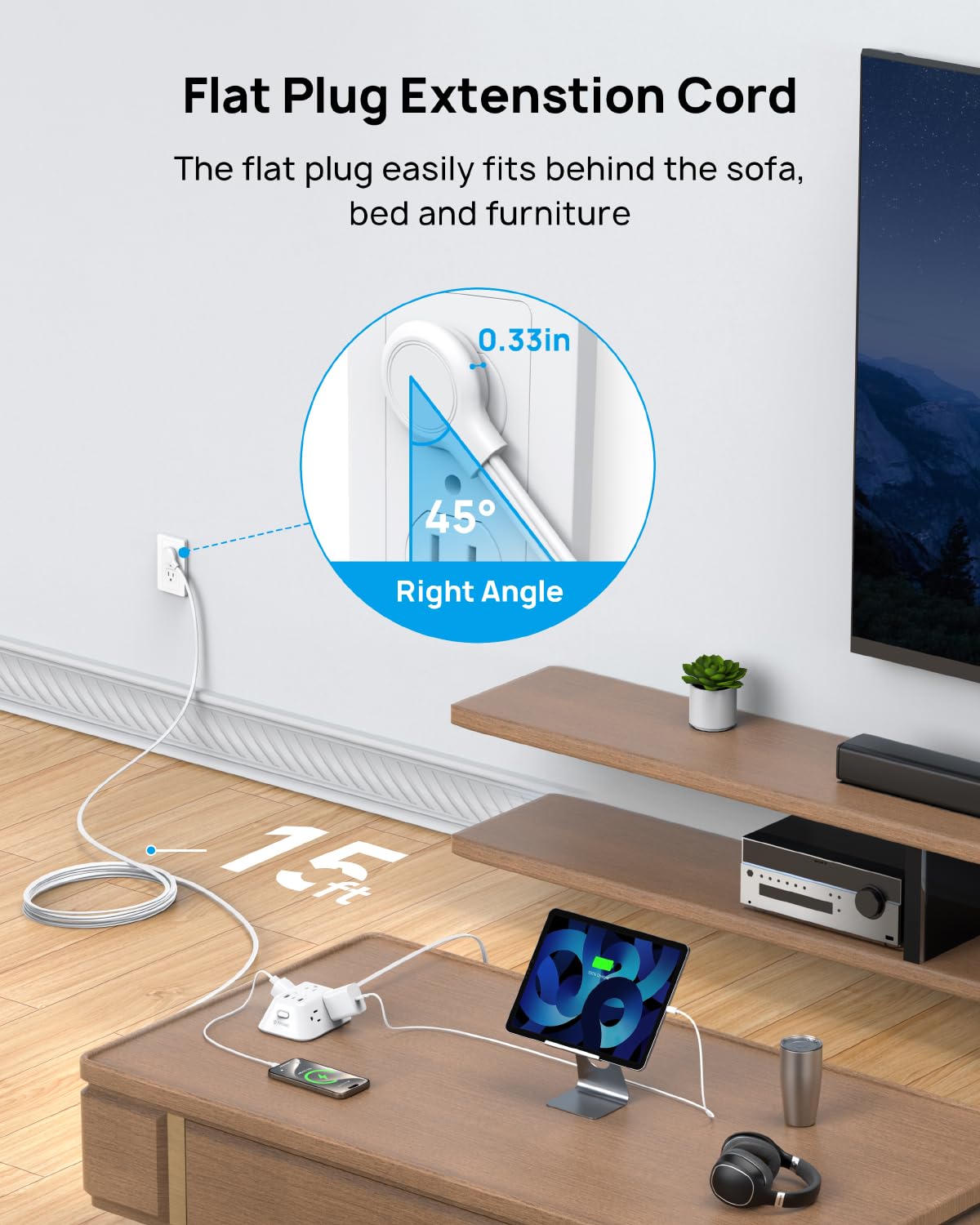 TROND 15ft Long Extension Cord, Ultra Thin Flat Plug Power Strip, 5 Widely-Spaced AC Outlets and 3 USB Ports, 1440J Surge Protector, 3-Sided Wall