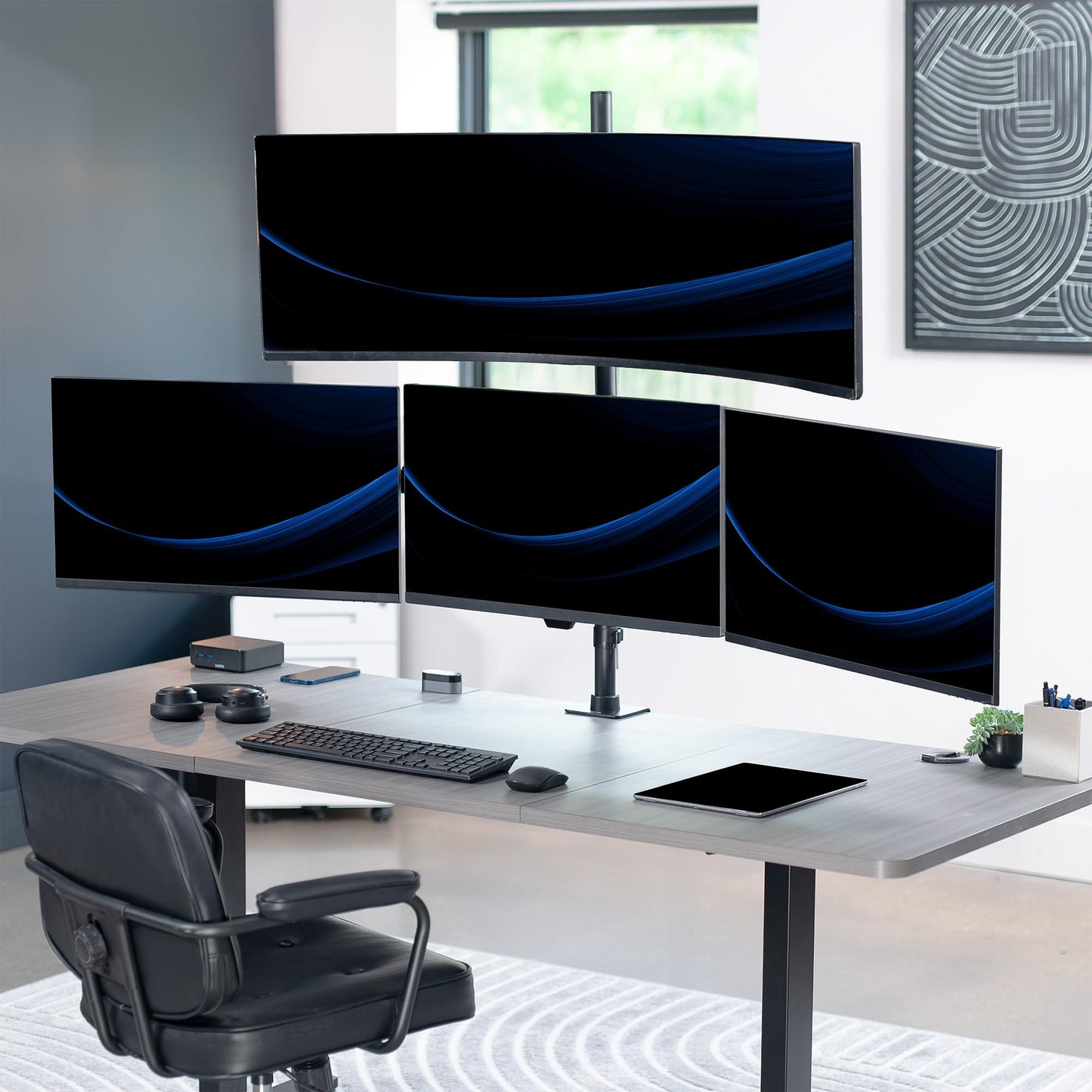VIVO Quad Monitor Extra Tall Desk Mount for up to 49 inch Ultrawides on Top Bracket and 27 inch Screens on Lower Brackets, Holds up to 44 lbs, Black