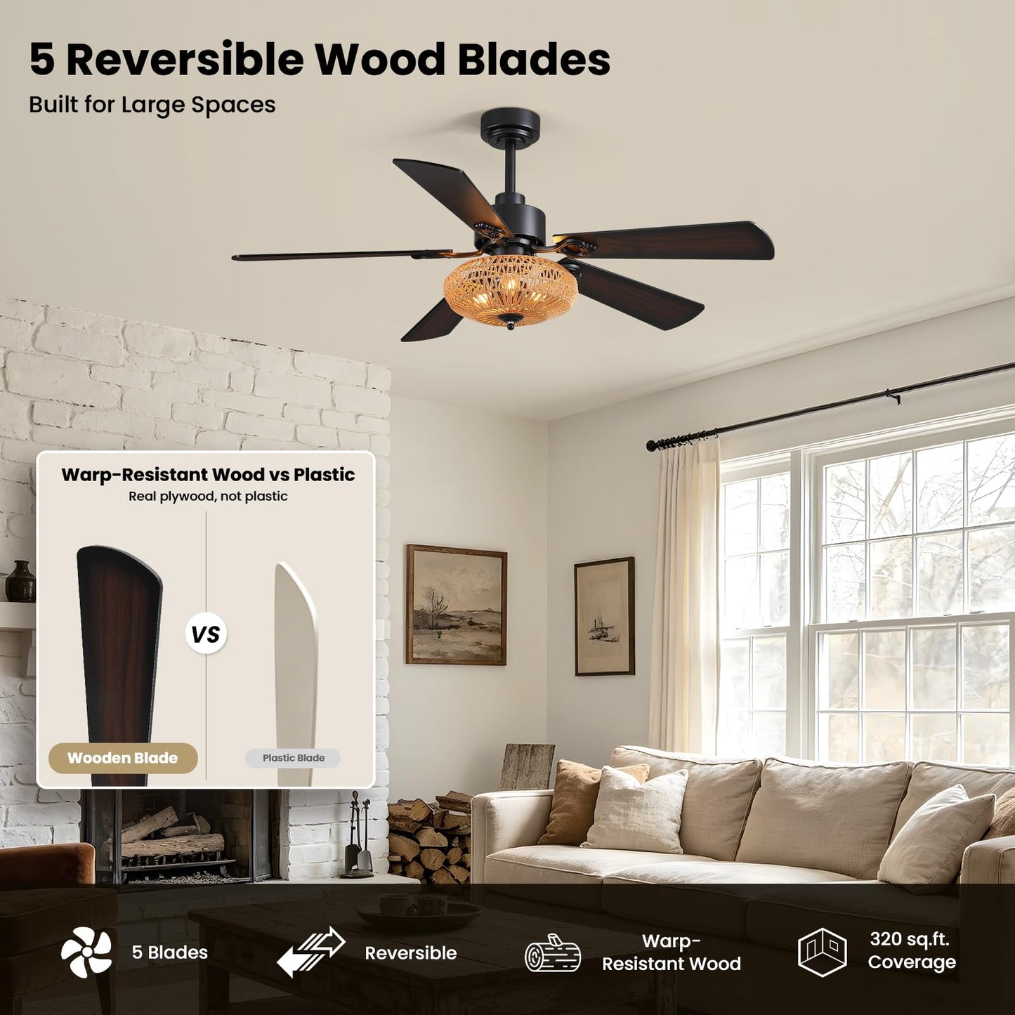 APBEAMLighting 52inch Ceiling Fan with Boho Rattan Caged Lampshade