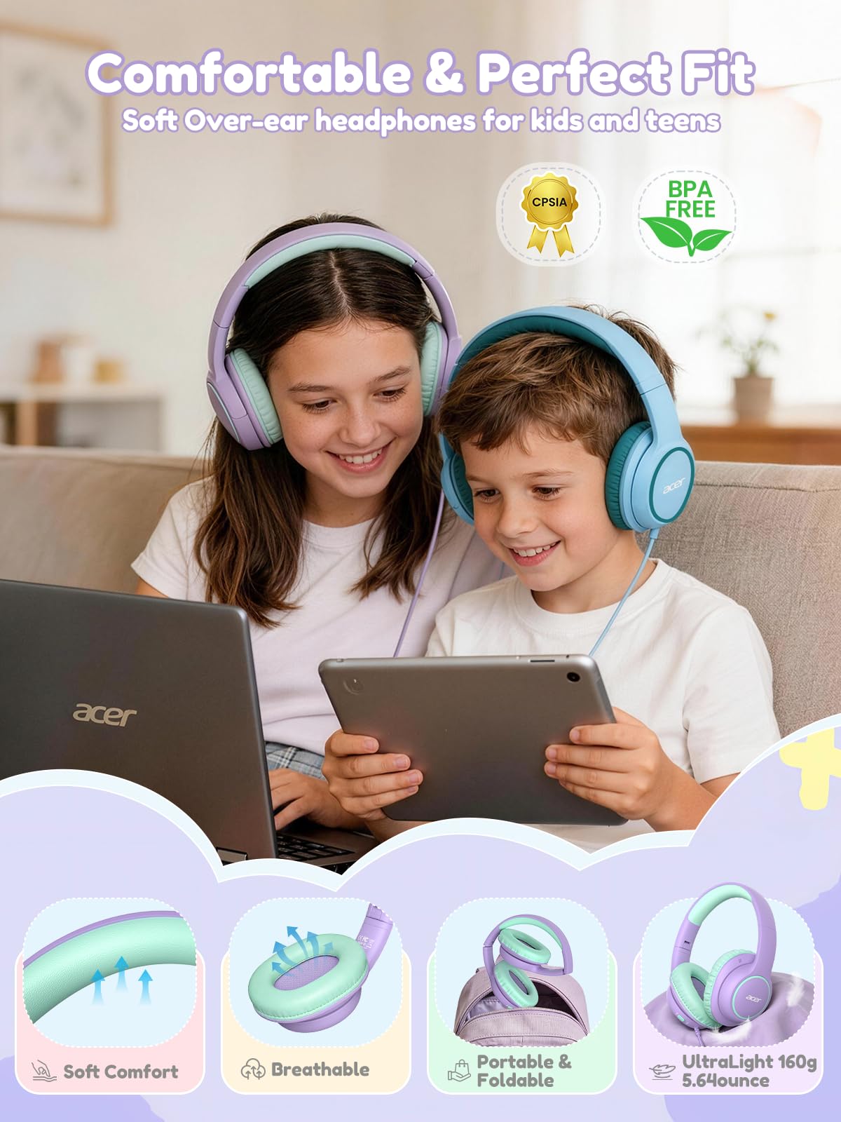 Acer OHW328 Kids Headphones Wired for School - Over Ear Design