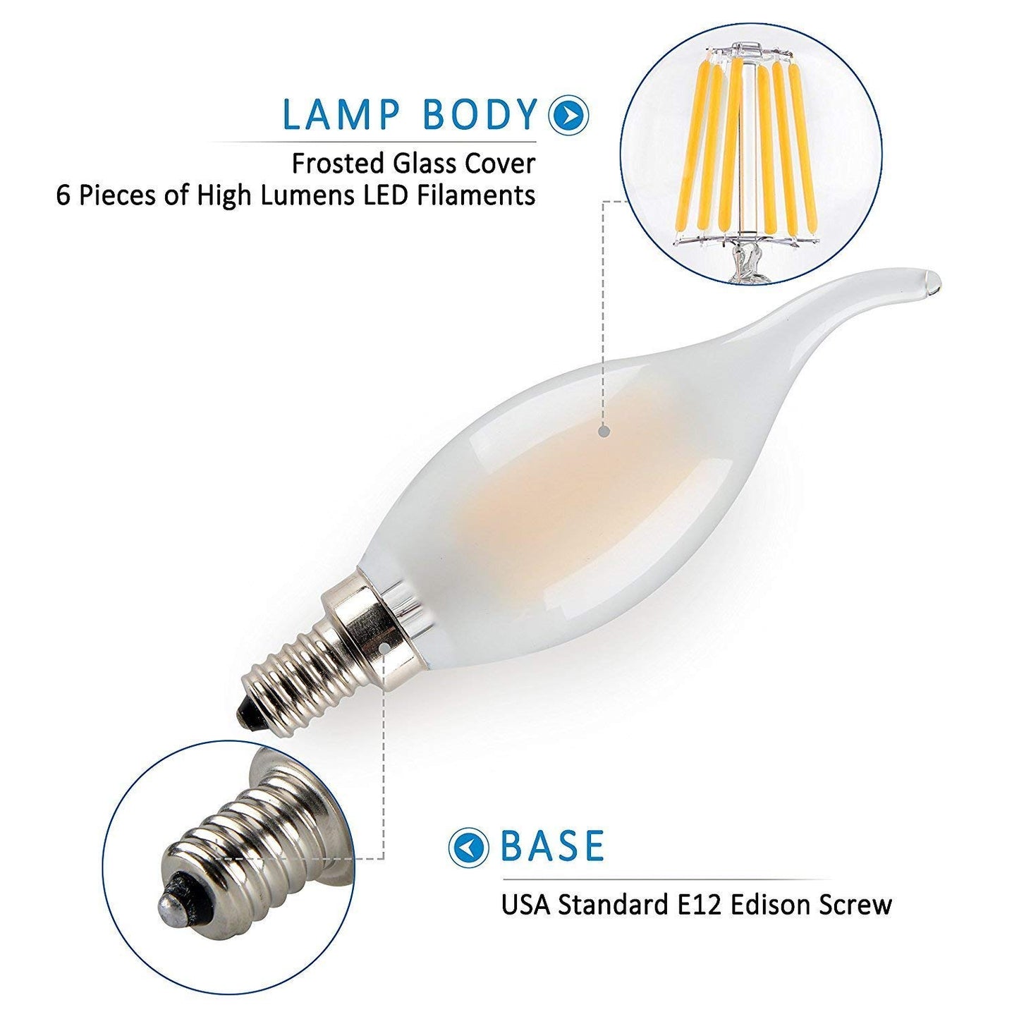 PANLAVIE LED Candelabra Bulb 6W Dimmable, 60W Equivalent, Vintage Classic Edison Style, Frosted Glass Light Bulbs, C35/CA10 Flame Tip, E12 Base, Soft