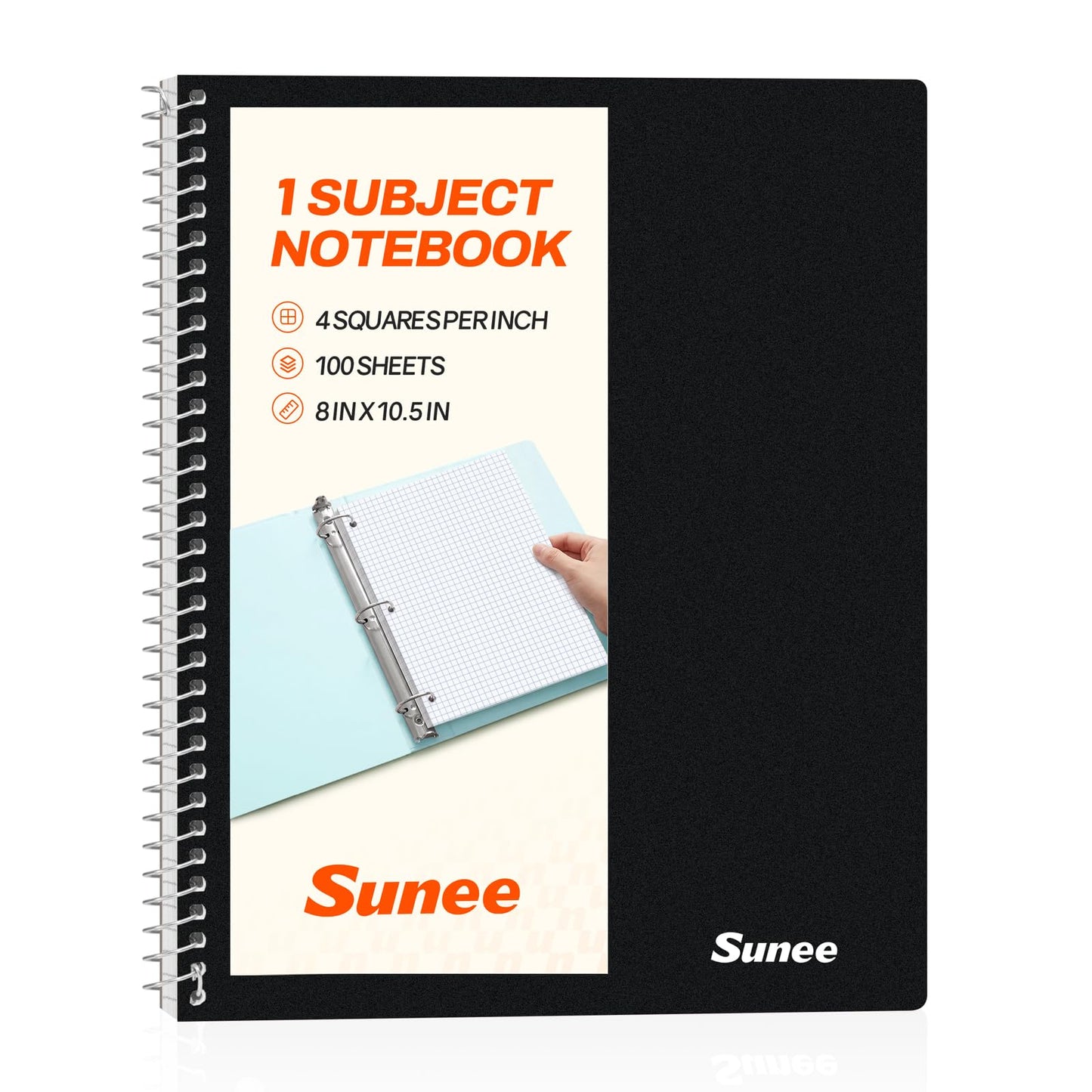 SUNEE Spiral Notebook, 1-Subject, Graph Ruled Paper, 8" x 10-1/2", 100 Sheets per Notebook, 3-Hole Punched Paper, Water Resistant Cover, Spiral Grid