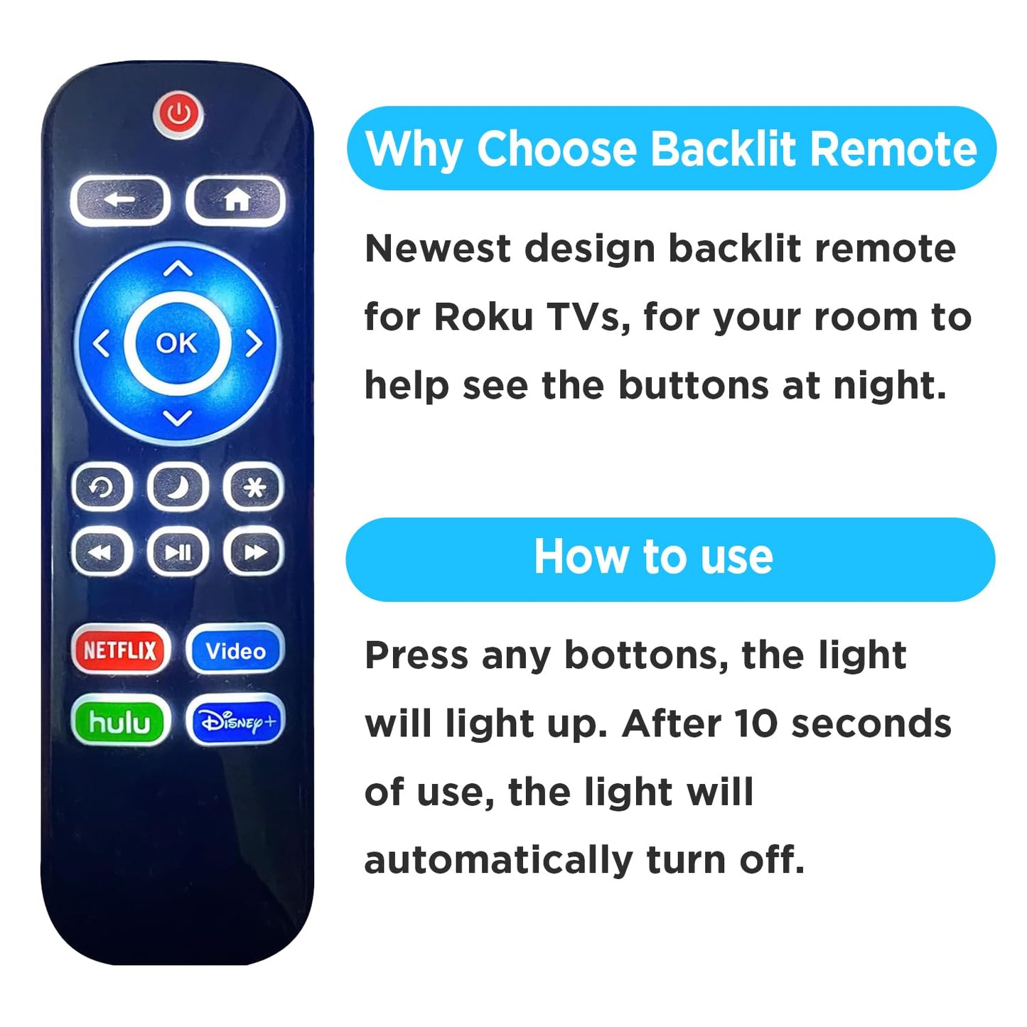 Replacement Backlit Remote Control for TCL/Hisense/Sharp/Philips/Onn/Element/Insignia/Westinghouse Roku TV (NOT for Roku Stick or Box)