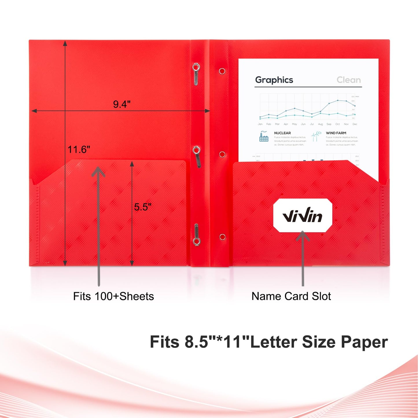 ViVin Plastic Folders with Pockets and Prongs,6 Pack,Heavy Duty 2-Pocket File Folder with 3 Fasteners,Fits Letter Size Paper,for School Home