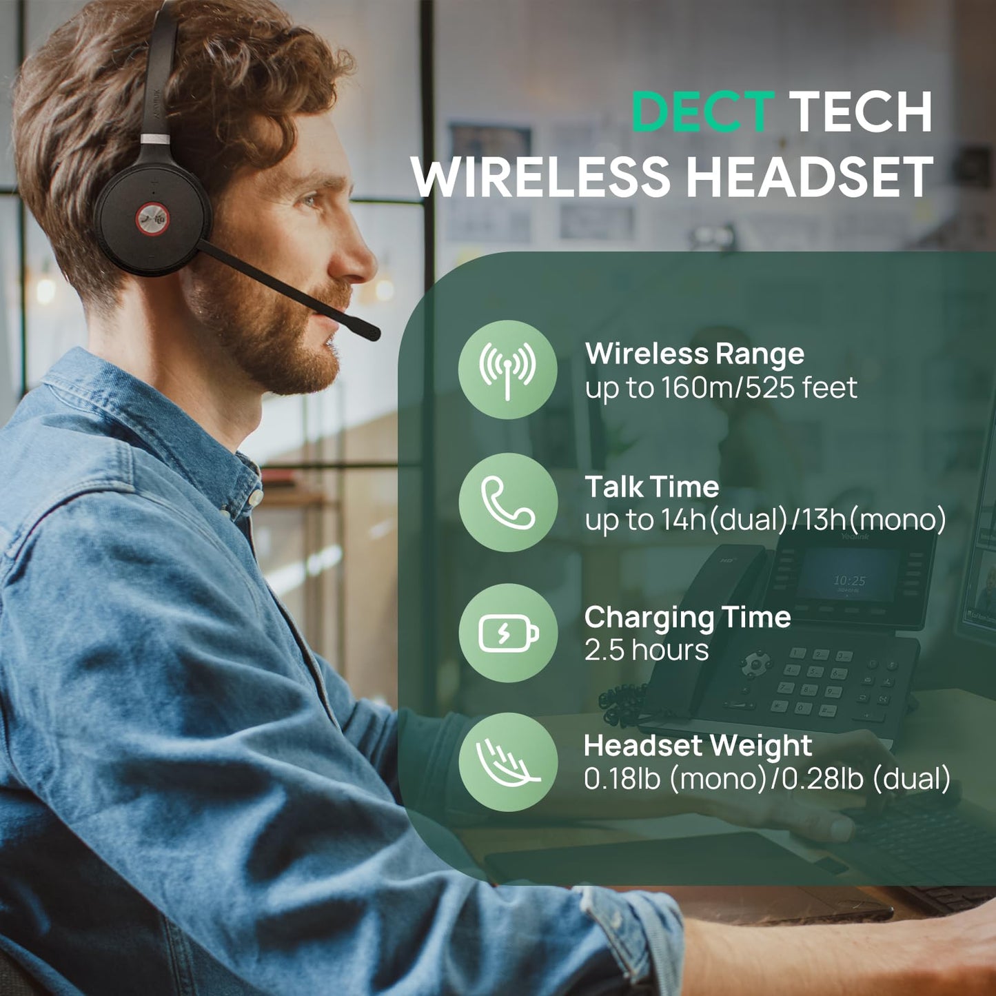 Yealink WH62 Mono UC DECT Wireless Headset 525 ft Range for Zoom Skype Certified Work Headset with 2X Noise Canceling Mic for IP Phone and Computer