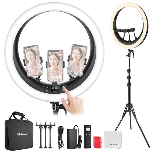 NEEWER RP19H 19" Ring Light with Tripod Stand/3 Phone Holders/Cleaning Cloth Compatible with iPhone, 2.4G Touch Control LED Ringlight for Video