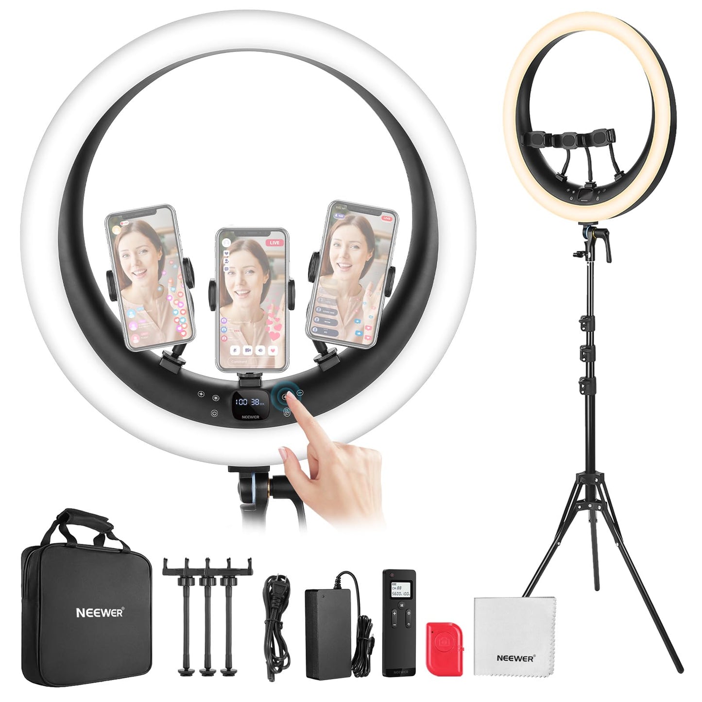 NEEWER RP19H 19" Ring Light with Tripod Stand/3 Phone Holders/Cleaning Cloth Compatible with iPhone, 2.4G Touch Control LED Ringlight for Video