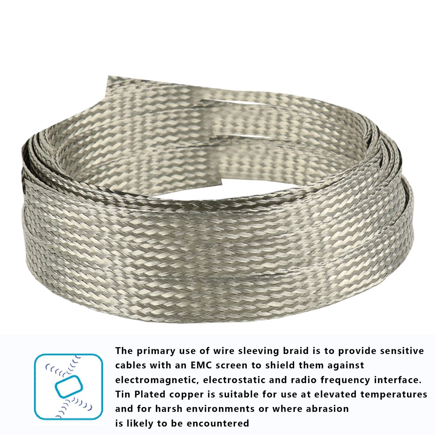 Wire Shielding Braid Ground Strap Tinned Copper Metal Cable Sleeve Mesh Electrical Signal Screening 5/16" ID (1/2 inch - 8ft)