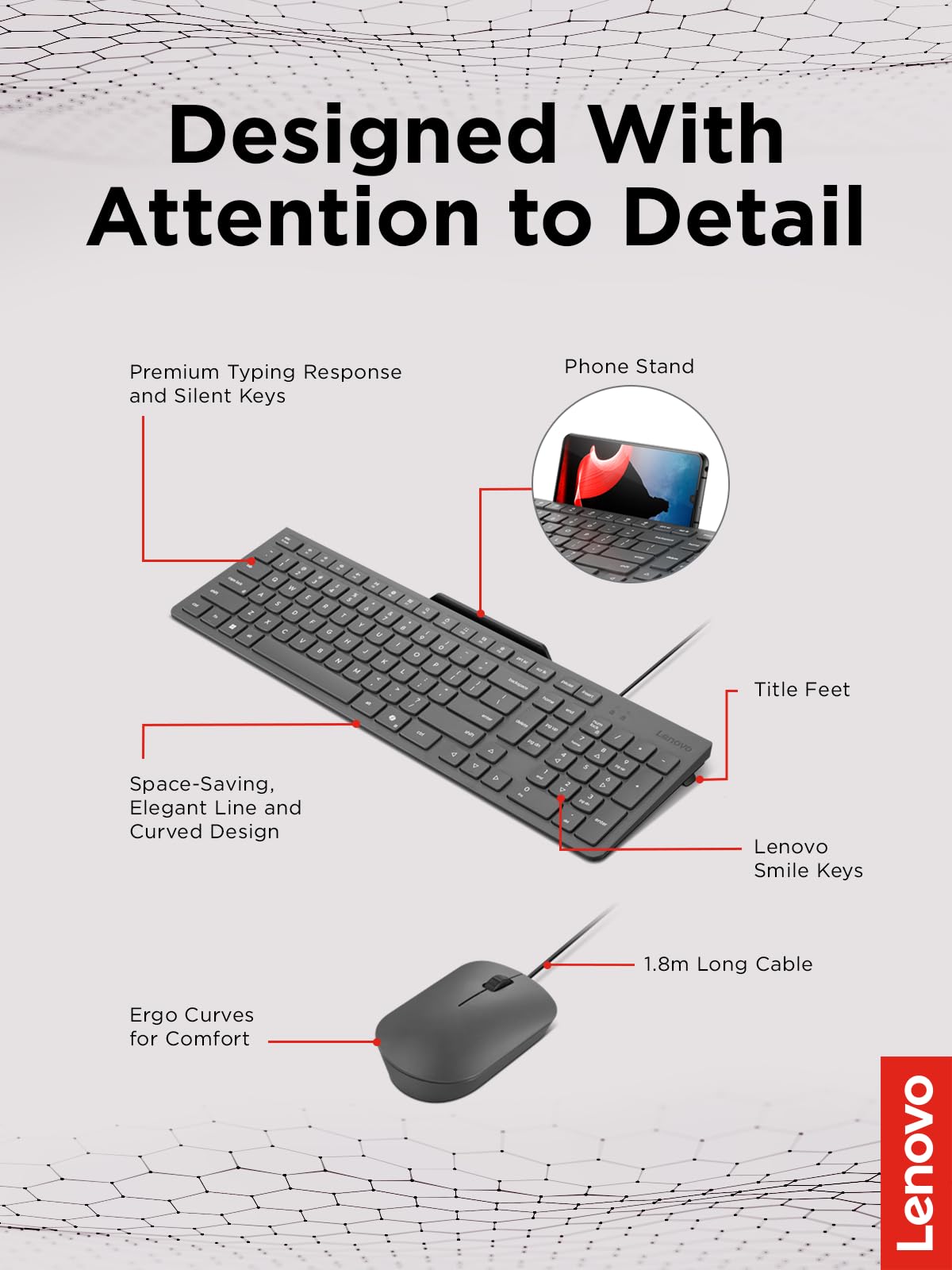 Lenovo 310 USB-A Wired Keyboard Mouse Combo, Quiet Keys, Ultra-Slim Gaming Design, Spill-Resistant, Integrated Phone Stand, Compatible w Laptop, PC