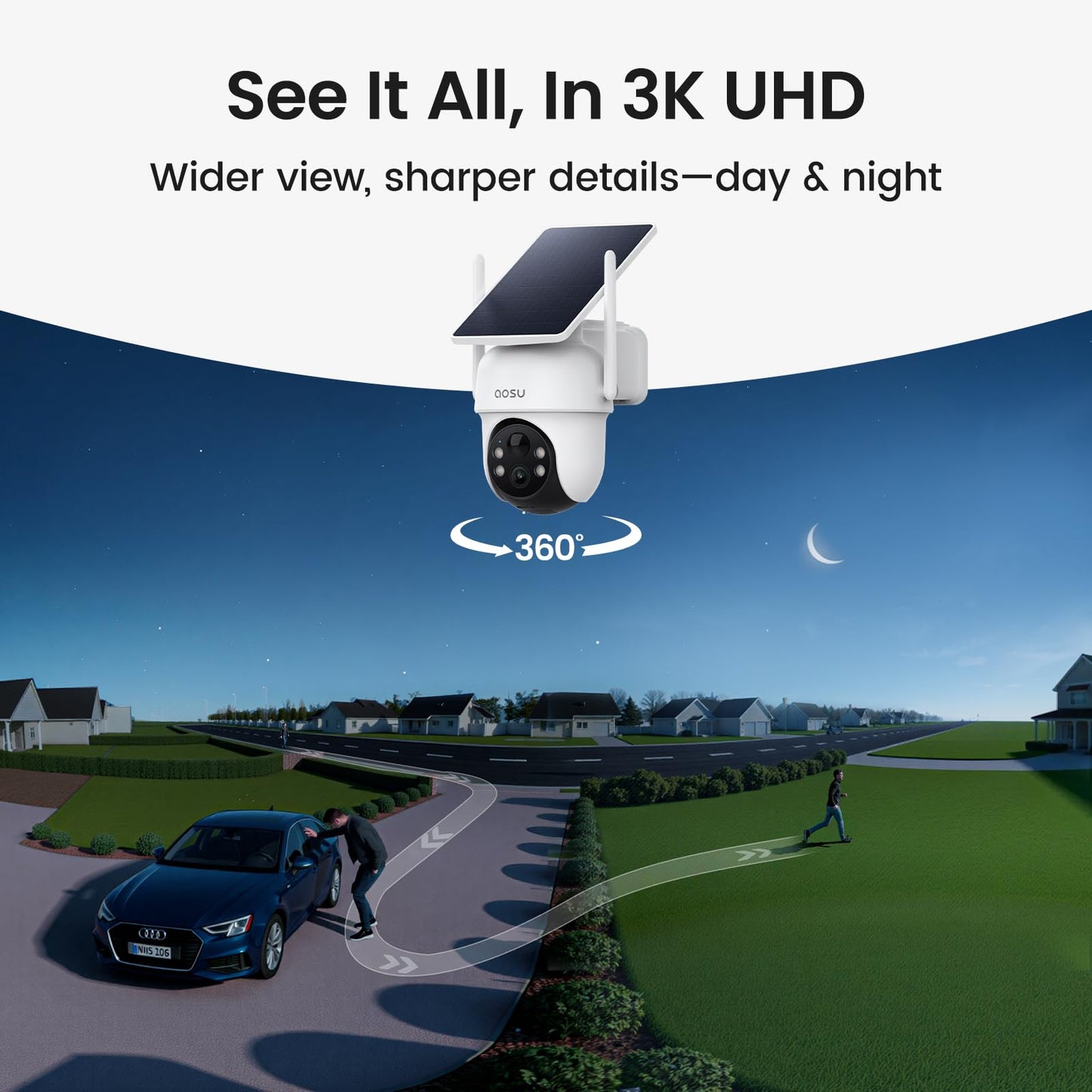 aosu D1 Classic 8-Cam Wireless Outdoor Security System, Solar Powered, 3K FullColor Night Vision, 360° PTZ, Smart AI Tracking, Local 32GB (Up