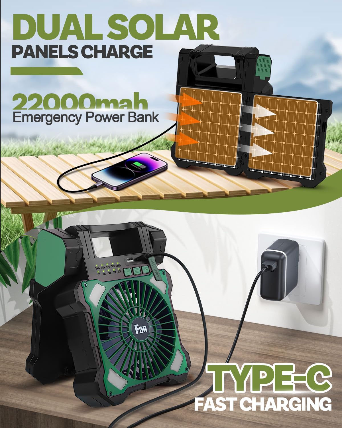 Maraiss 22000mAh Camping Solar Fan, Dual-Panel Rechargeable Solar Powered Fan with LED Light, 5 Adjustable Speeds Battery Powered Portable Fans, USB-C