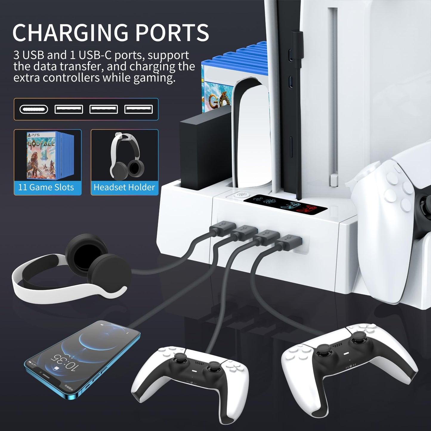 PS5 / PS5 Slim Cooling Station with Controller Charging Station, Cooling Stand for PlayStation 5 Console, PS 5 Dock Accessories Organizer with Storage