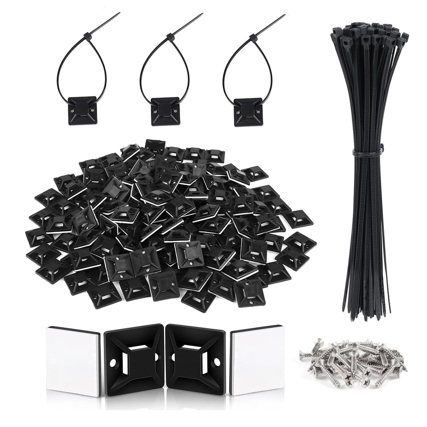 Black Zip Ties Mount, 100 Set 3/4" Adhesive Zip Tie Mount with Screws, Sturdy 8" Outdoor Cable Zip Ties, Cable Clips Management, Sticky Wire Holders