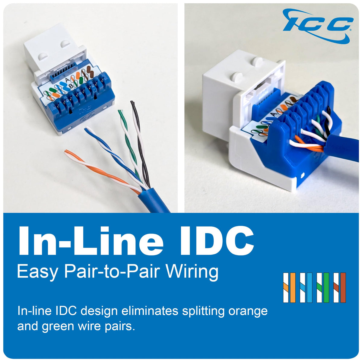 ICC CAT5e RJ45 Keystone Jack, Inline IDC No Pair Split, Blue, 25-Pack