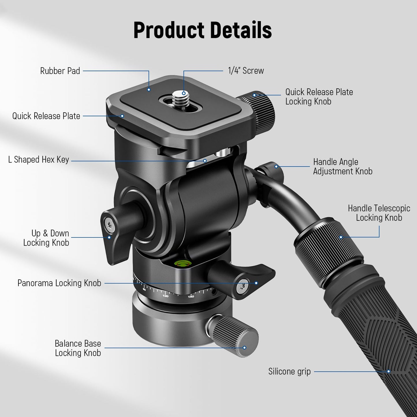 NEEWER Tripod Fluid Head with +/-10° Leveling Base, Metal Drag Pan Tilt Head Mount with Arca Type QR Plate Telescopic Handle Cleaning Cloth