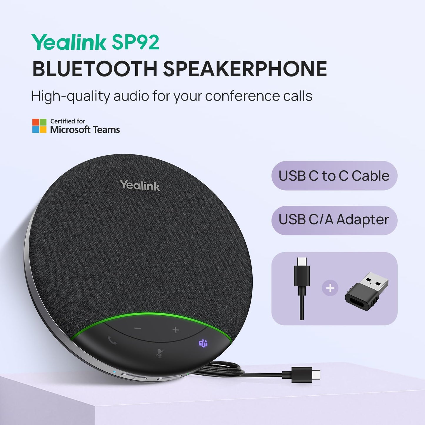 Yealink SP92 USB Speakerphone Bluetooth Conference Speakers and Microphone Teams Certified Full-Duplex Noise Reduction 360° Audio Pickup for Small