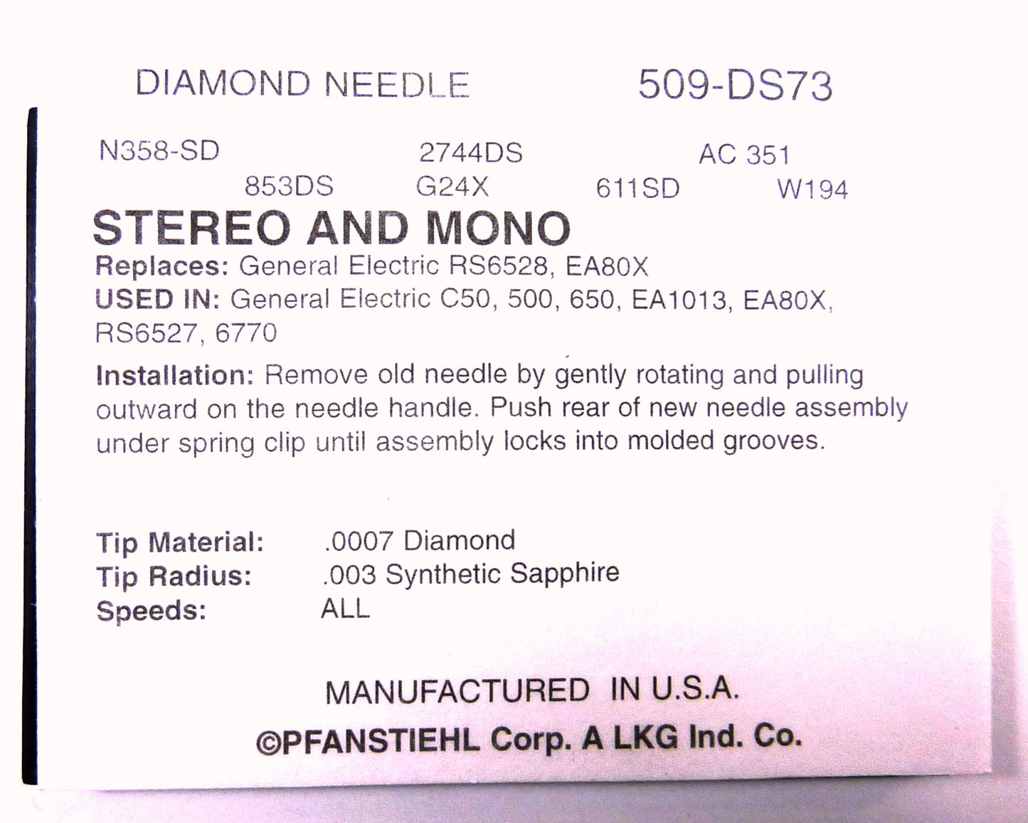 Durpower Phonograph Record Turntable Needle Compatible with Needles GE RS6528, GE EA80X166, PFANSTIEHL 509-DS73