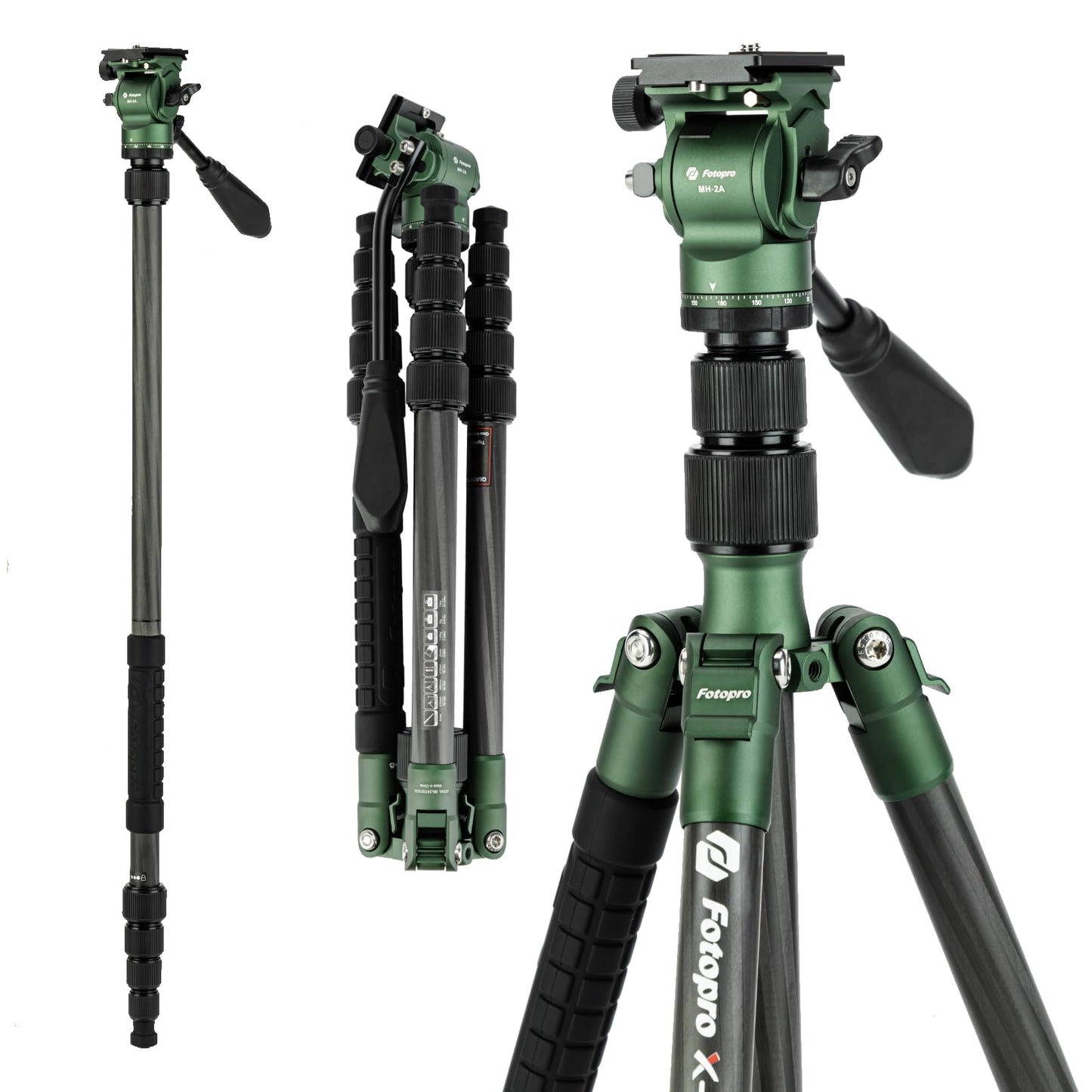 Fotopro 59" Carbon Fiber Travel Tripod, Compact Video Tripods with Fluid Head, Detachable Monopod with Arca-Swiss Quick Release Plate and Bag, Camera