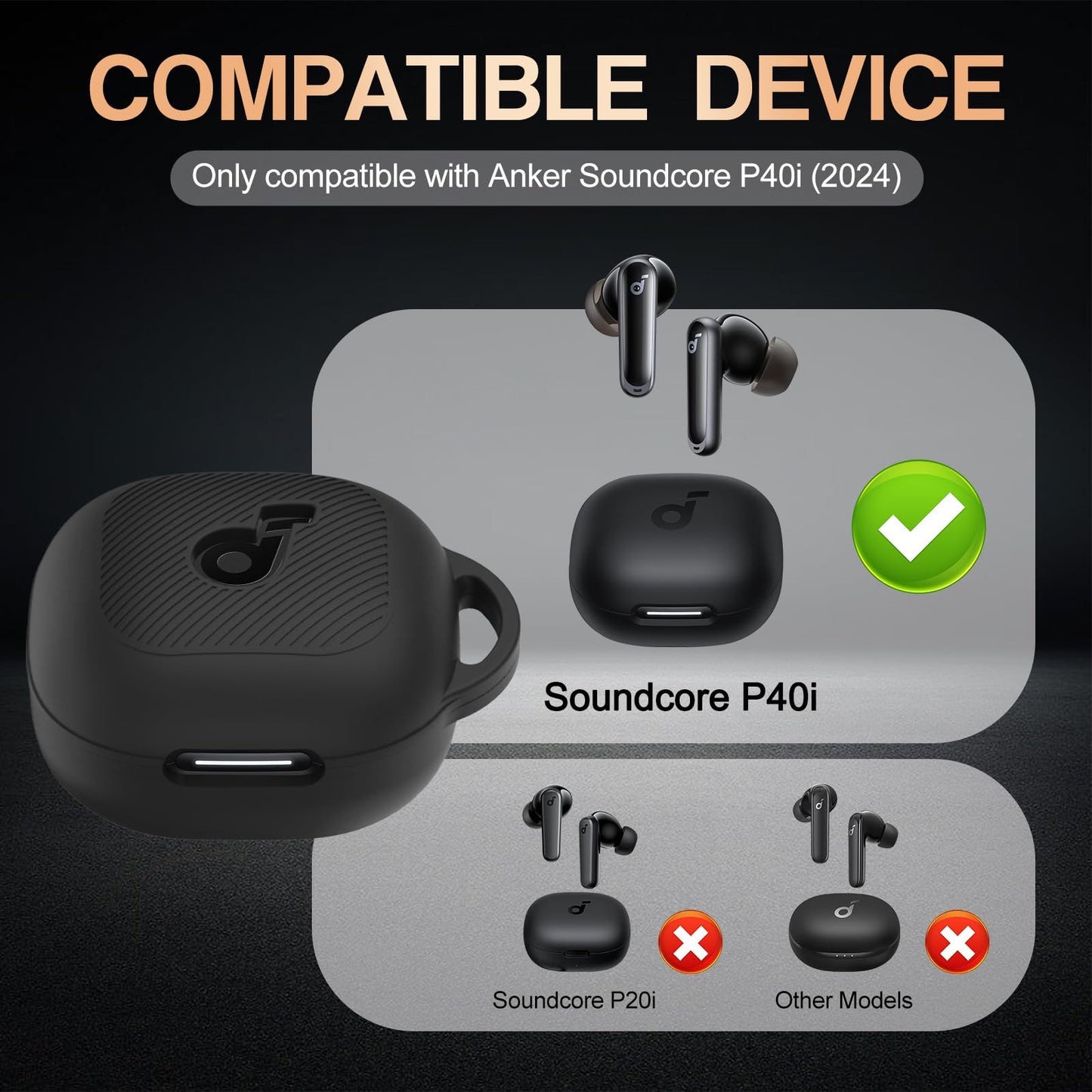 Anker PUCGUE Case Cover for Soundcore P40i, Shockproof Silicone Skin with Carabiner, Front LED & Logo Visible (Black)