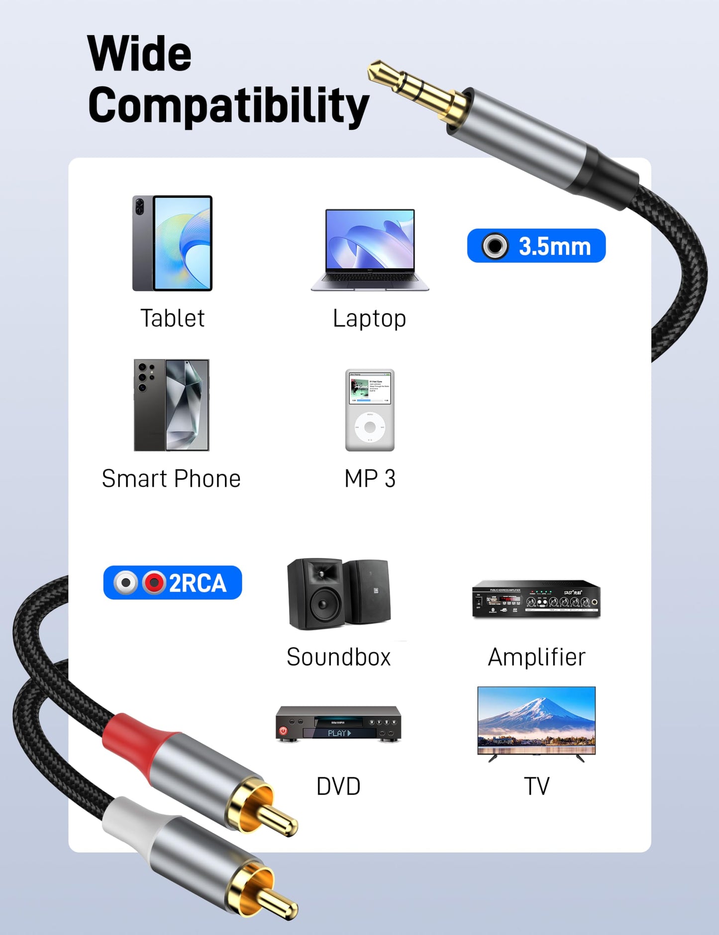 KAYQINHO 3.5mm to 2RCA Audio Cable 16FT, Auxiliary RCA Headphone Male to Male Splitter, Nylon Braided, Heavy Duty Shielded Aux Cable for Home Theater