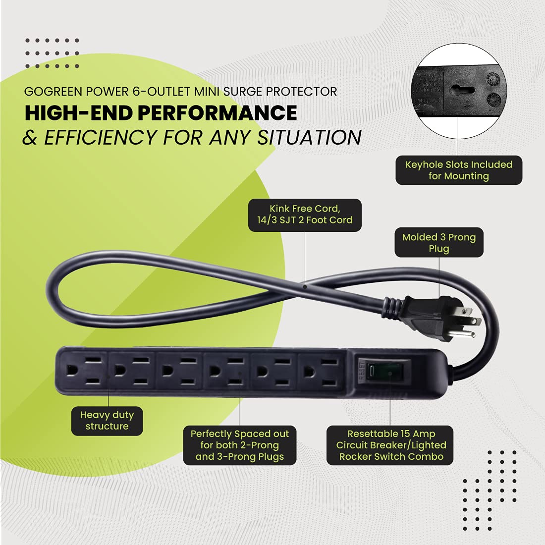 Go Green Power Inc. GG-16103MINBK 6 Outlet Surge Protector, Black