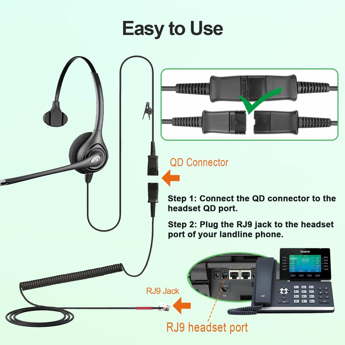 U10P-S Headset Adapter RJ9 Cable for Plantronics Quick Disconnect QD Headsets Wired to RJ9 Phone Headset Adapter Cord Works with Yealink T21P T46G