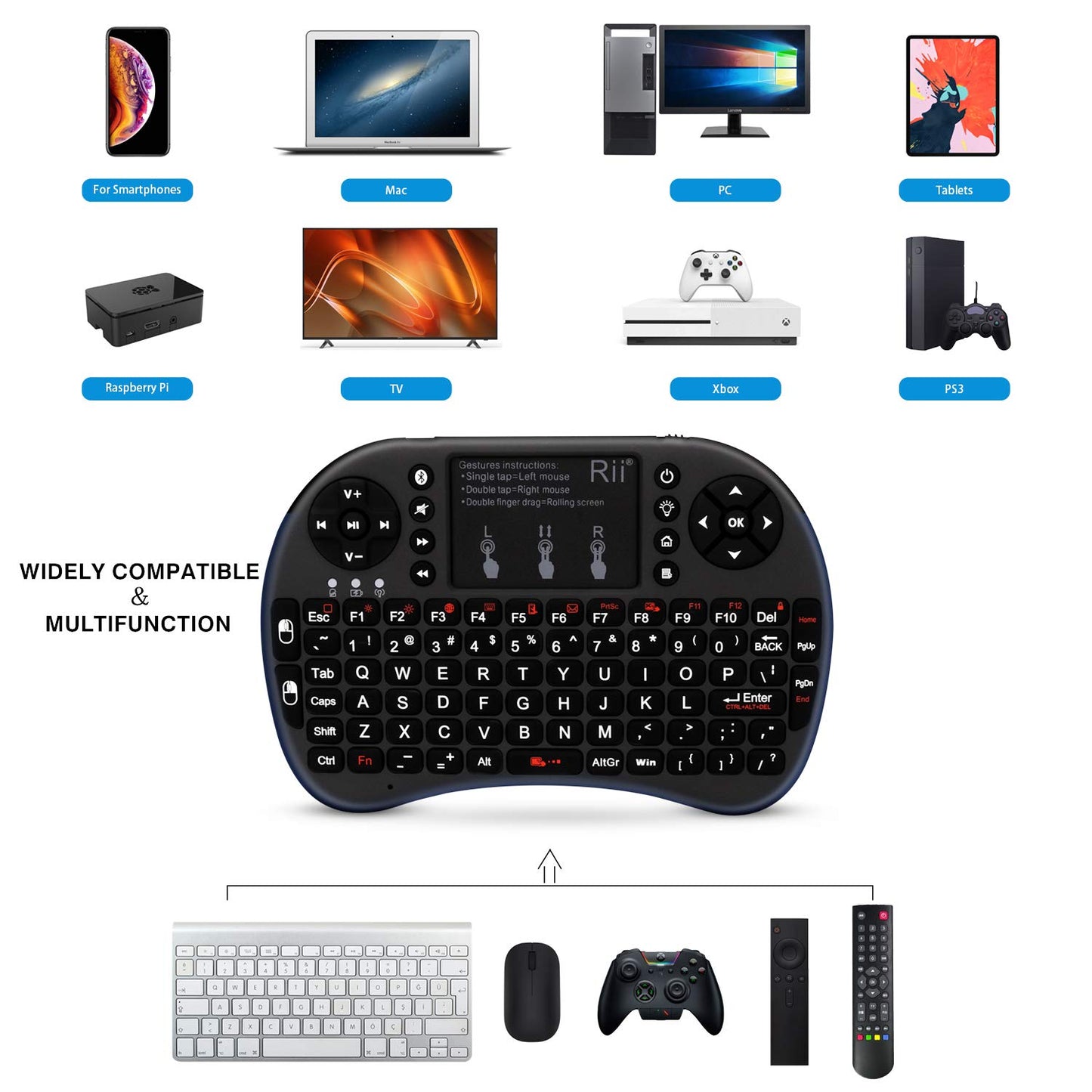 Rii i8 Mini 2.4GHz Wireless Touchpad Keyboard with Mouse for PC, PAD, XBox 360, PS3, Google Android TV Box, HTPC, IPTV (2.4G Black)