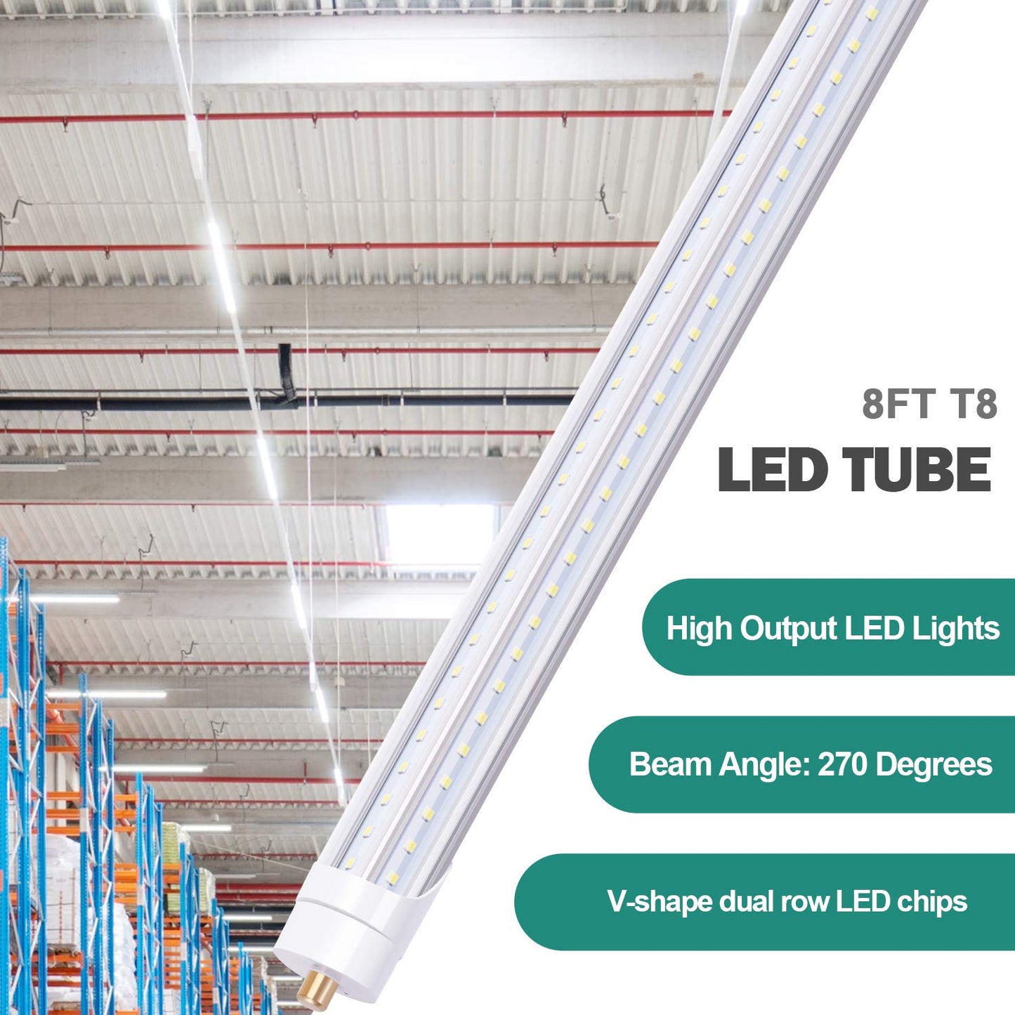 TRLIFE 8FT LED Bulbs 6000K, T8 8FT V Shape 65W FA8 LED Light Bulbs with Clear Cover(150W Fluorescent Bulbs Replacement), Dual Row L ED Chips, 7800Lm
