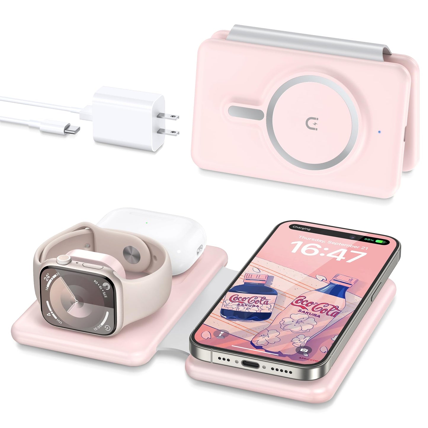 3 in 1 Wireless Charging Station for iPhone 17 16 15 14 13 12 Pro Max Plus - Foldable Magnetic Charger Pad for Apple Watch Series & AirPods - Fast