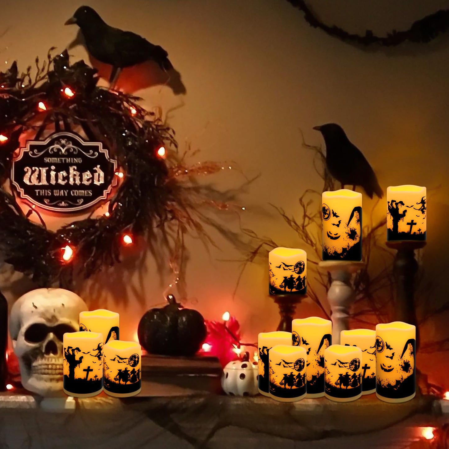 CLTNIKET 12-Pack Halloween Ink Painting Large Electronic Waxes with Remote Control, Flameless LED Candles for Halloween Spooky, Halloween Ambient