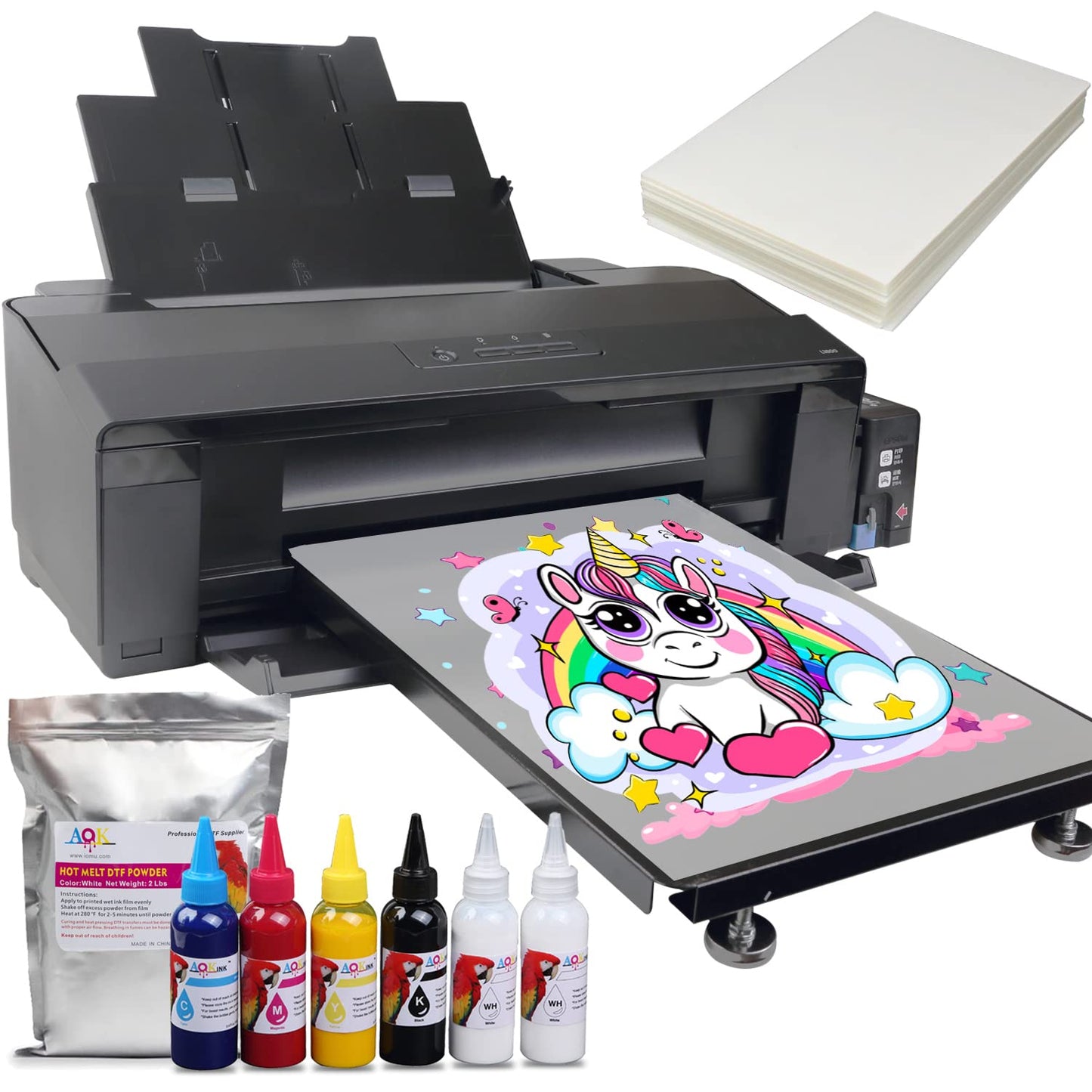 A3+ Printer Width 13inch DTF Printer Machine Direct Transfer Film L1800 Converted for DIY Print T-Shirts/Hoodie/BGS/Pillow etc. ?6X 100ml Ink+100pcs