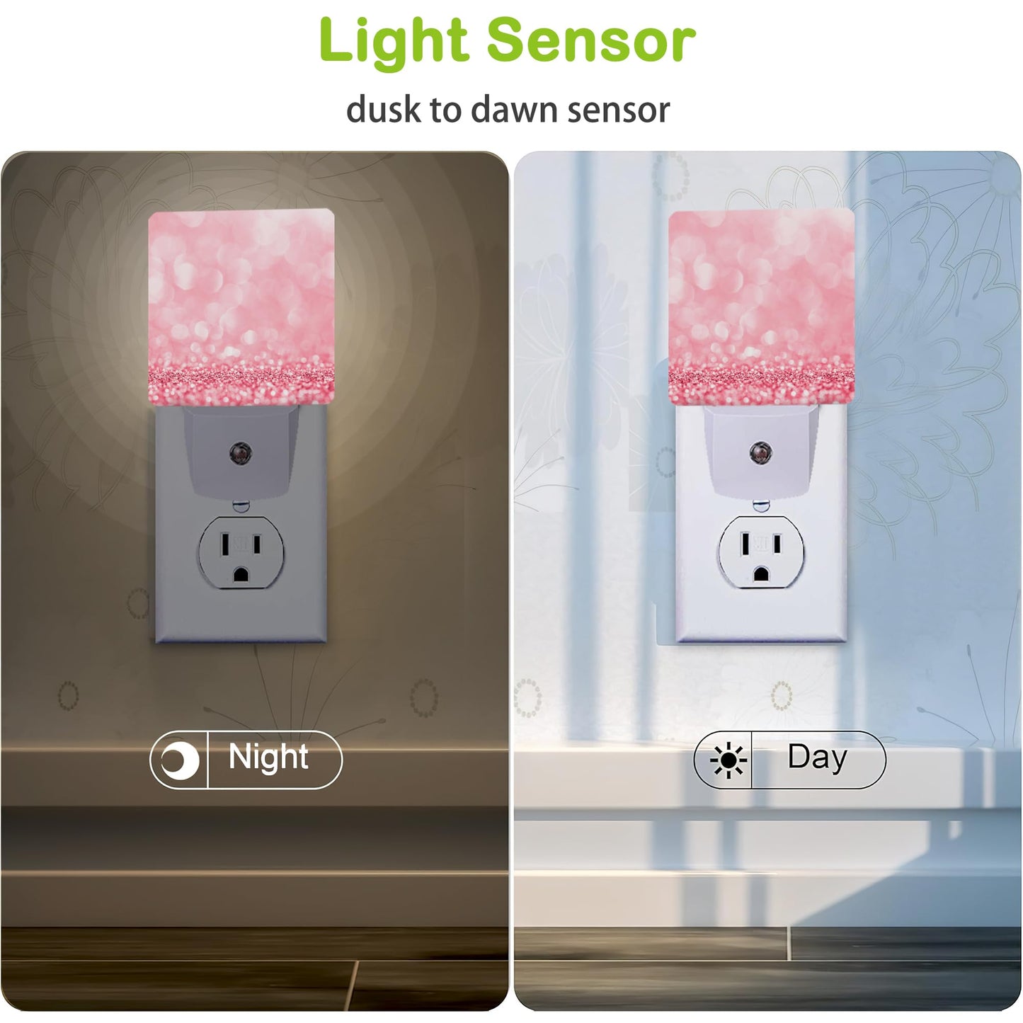 Pink Glitter Night Light,Plug into Wall Nightlights with Dusk to Dawn Light Sensors,Nightlights for Bedroom/Bathroom/Hallway/Kitchen,Nightlight