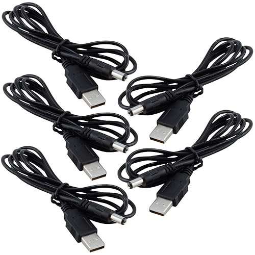 JacobsParts USB to 5.5mm x 2.1mm Barrel Connector 5V DC Power Cable Male, 120cm / 4ft (5-Pack)